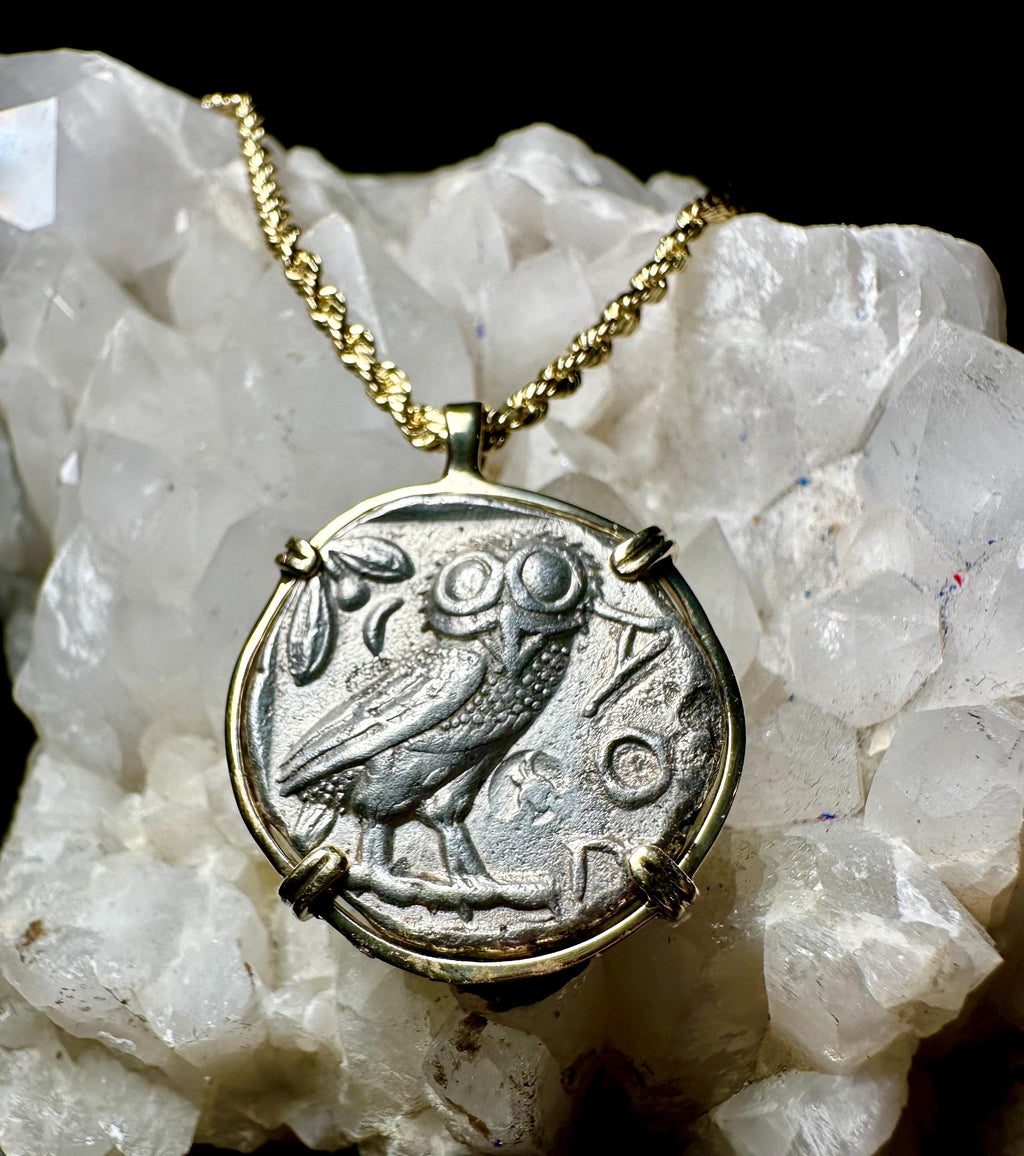 Genuine Ancient Greek Athena and Owl coin in hand made solid gold pendant