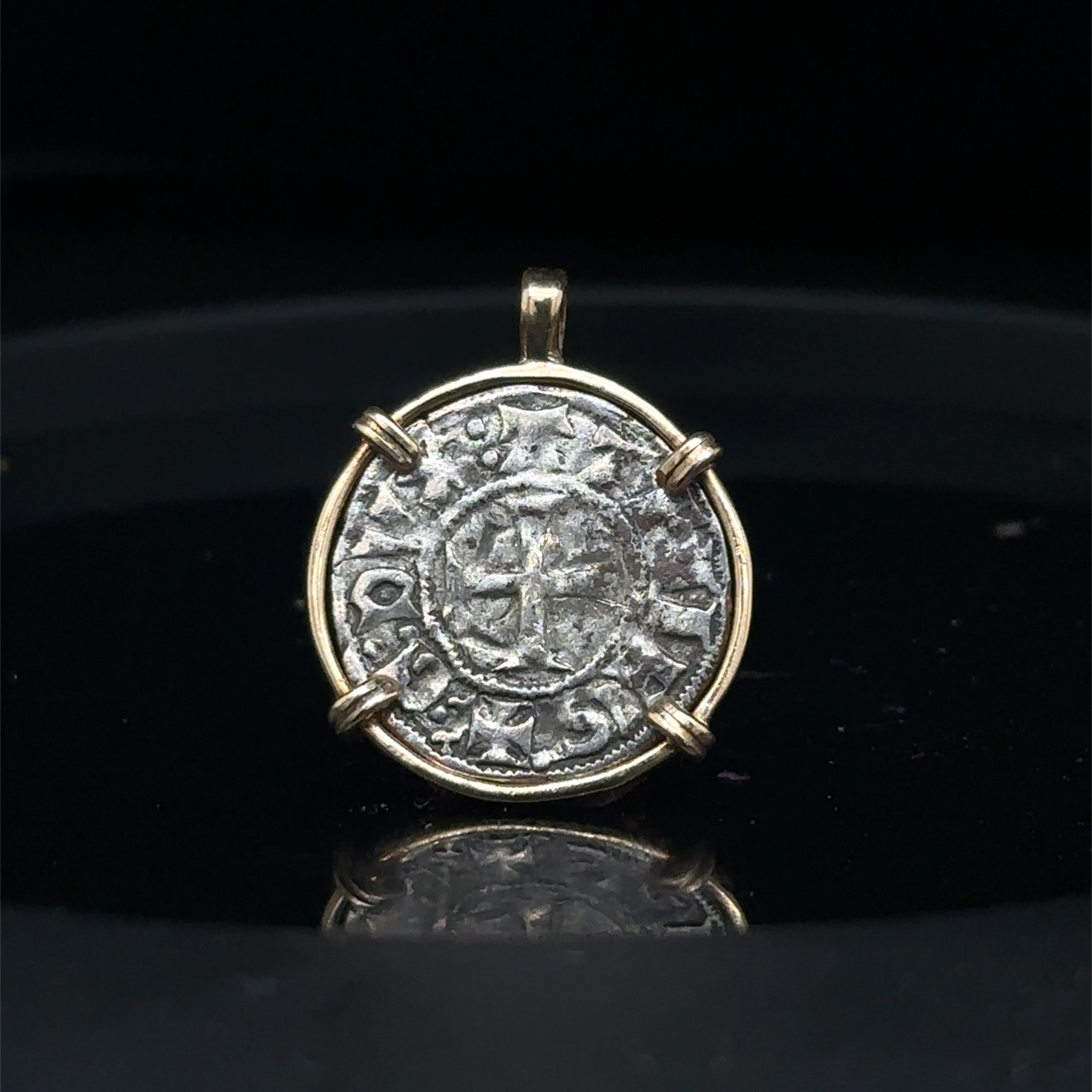 13th century silver Christian Crusader coin in 14k yellow gold filled pendant