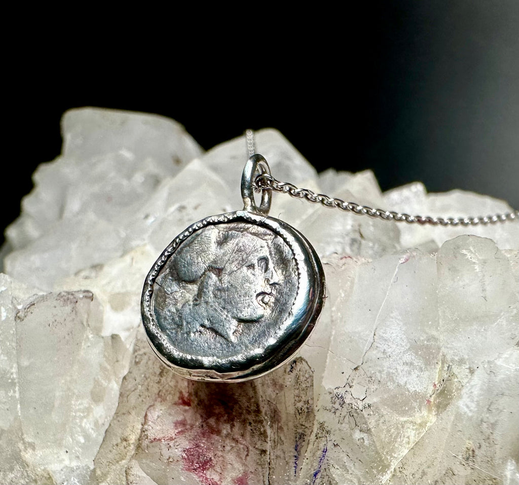 Ancient Greek silver coin of Athena in sterling silver pendant
