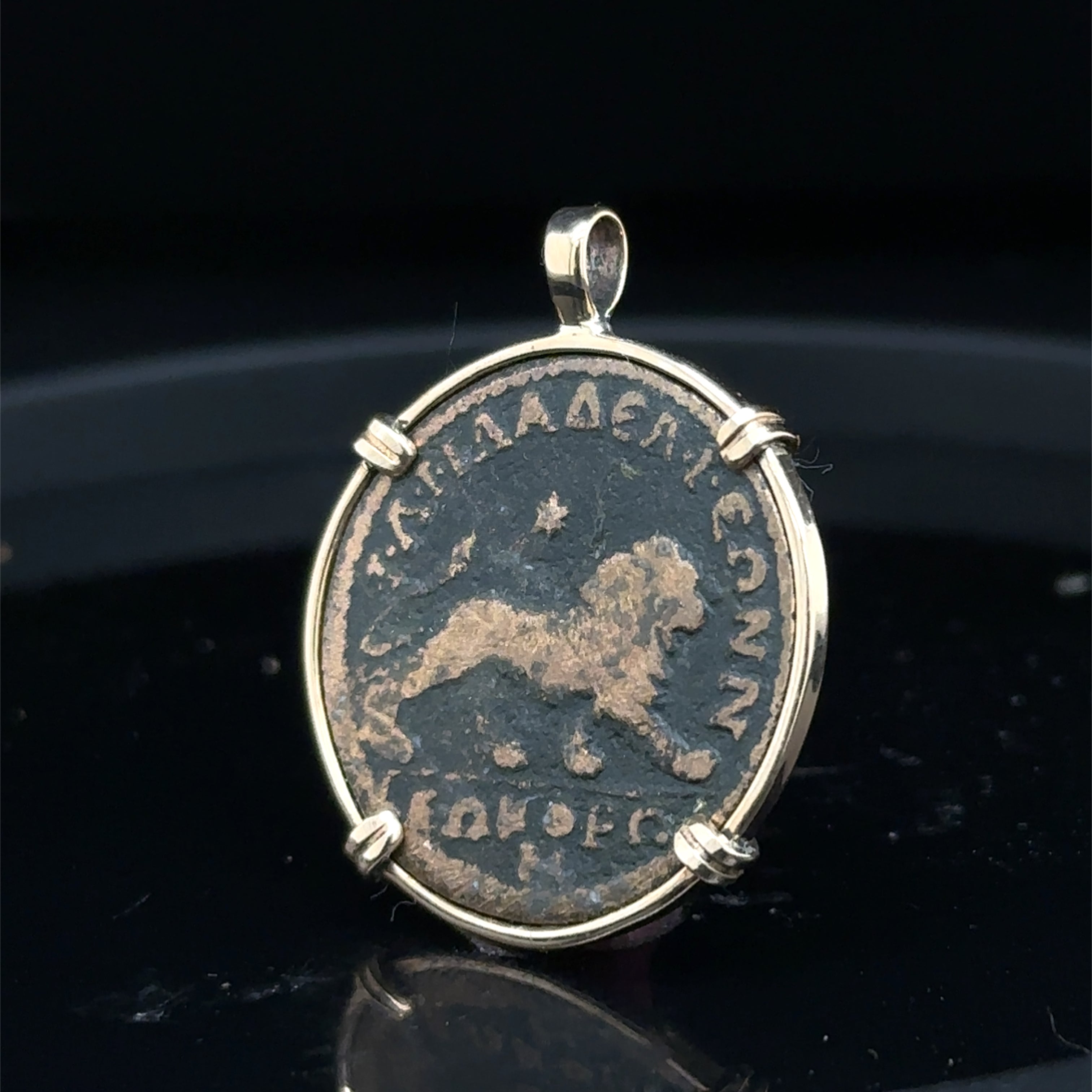 Ancient Roman lion coin in 14k yellow gold filled pendant