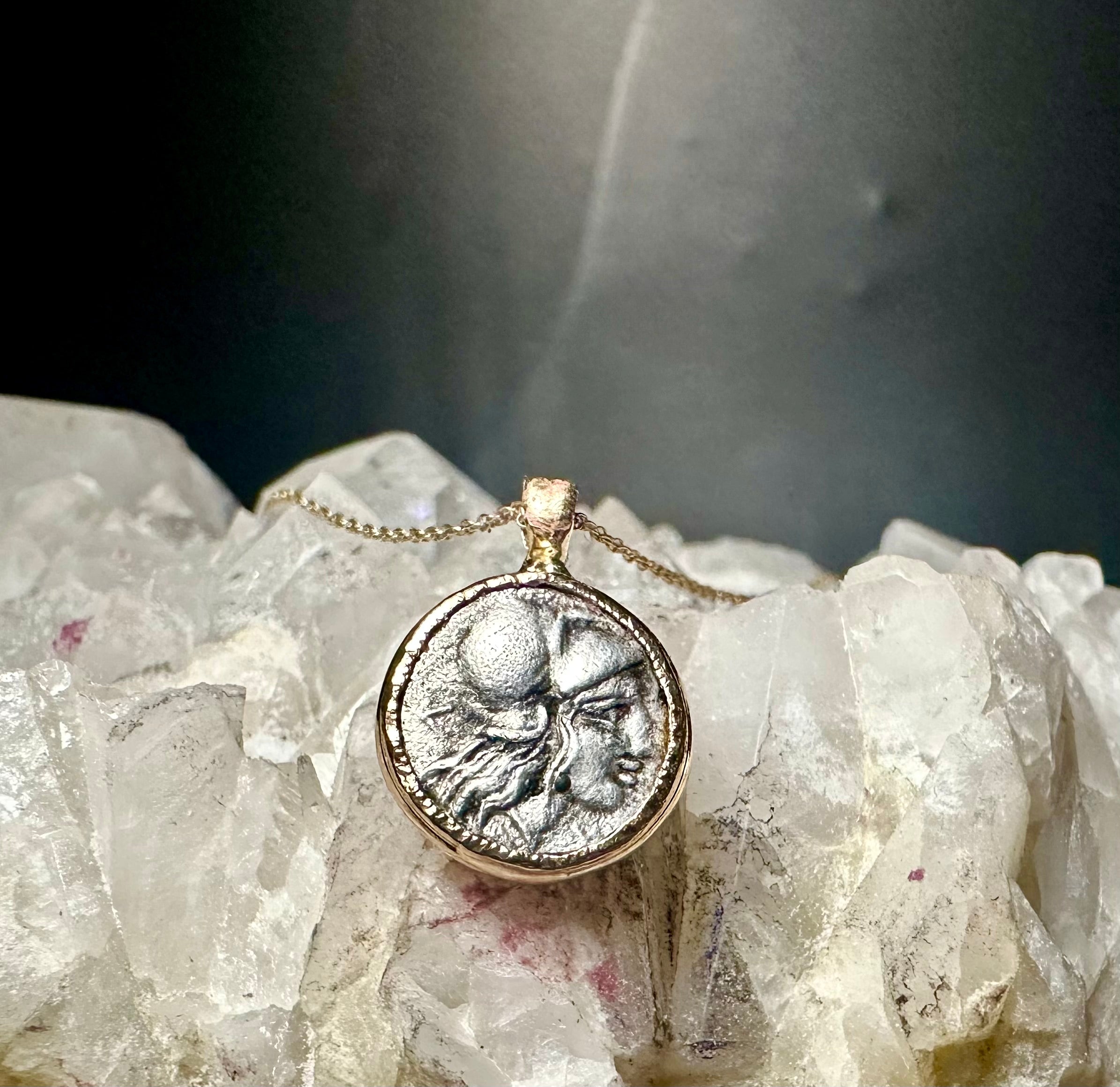 Ancient Greek Silver Athena and Janiform coin in Solid 14k Gold Bezel