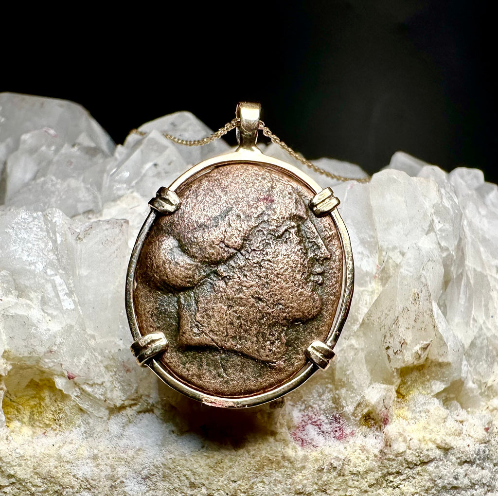 Ancient Greek Amazonian warrior and Horse coin in 14k yellow gold filled pendant