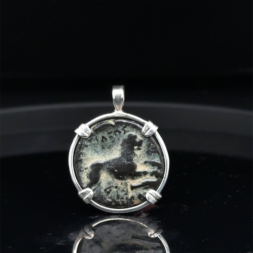 Ancient Greek Athena and Lion coin in sterling silver Pendant