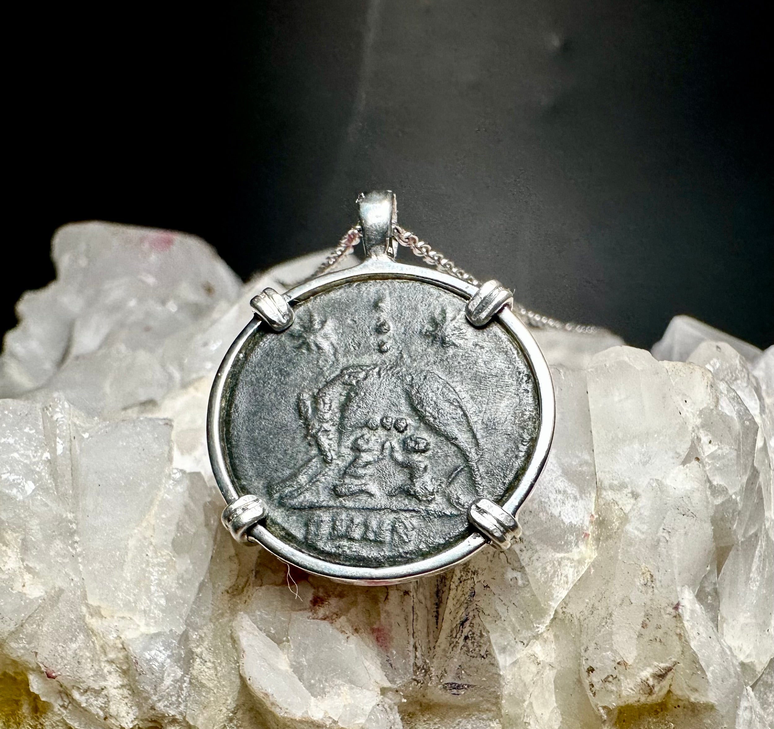 Ancient Roman She-Wolf coin in sterling silver pendant