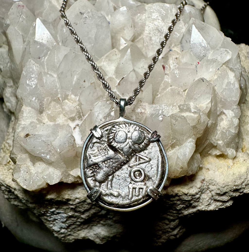 Ancient Athenian Greek Owl and Athena silver tetradrachm in sterling silver pendant