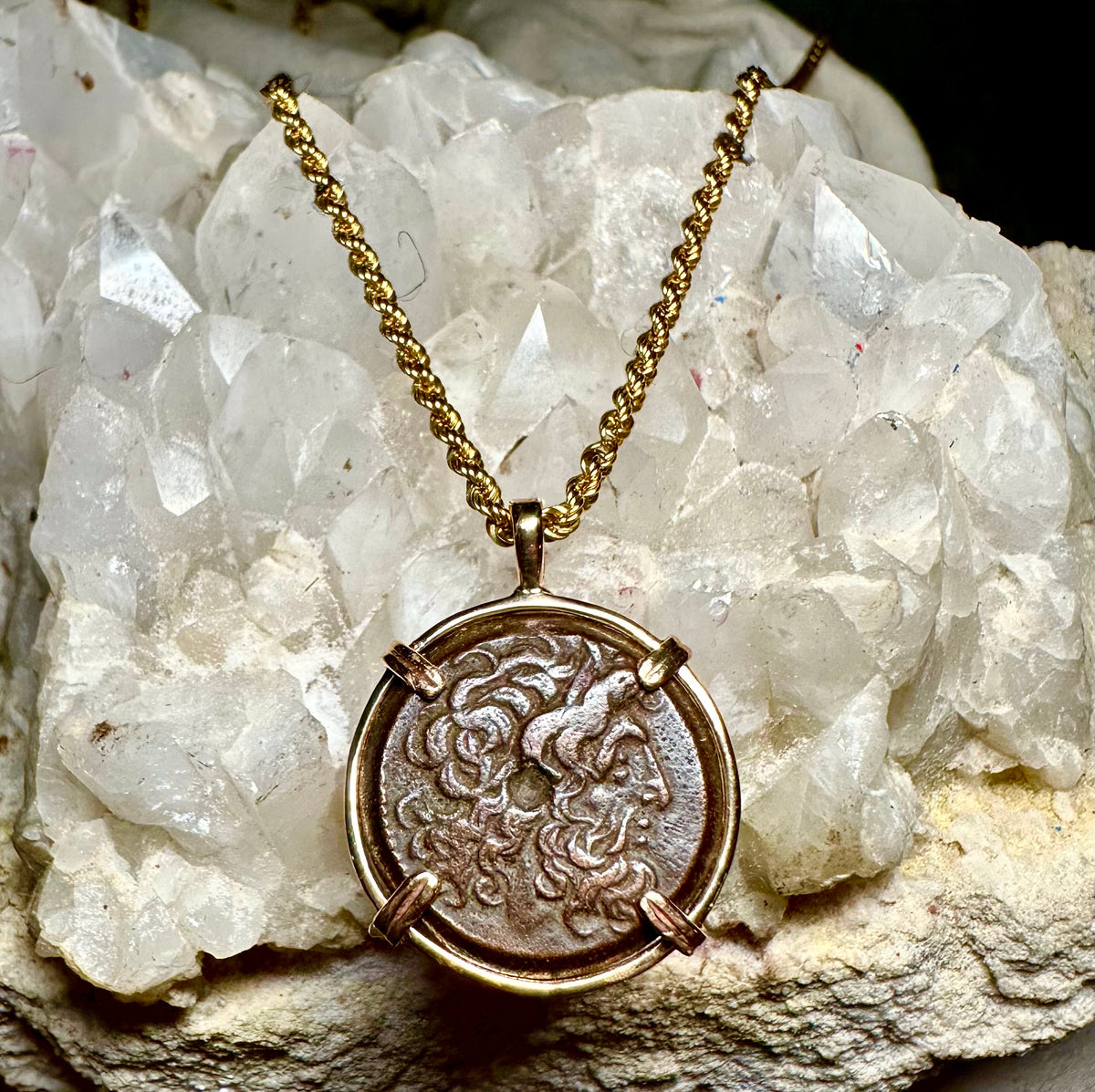 Ancient Egyptian coin of Zeus Ammon and Twin Eagles in 14k yellow gold filled pendant