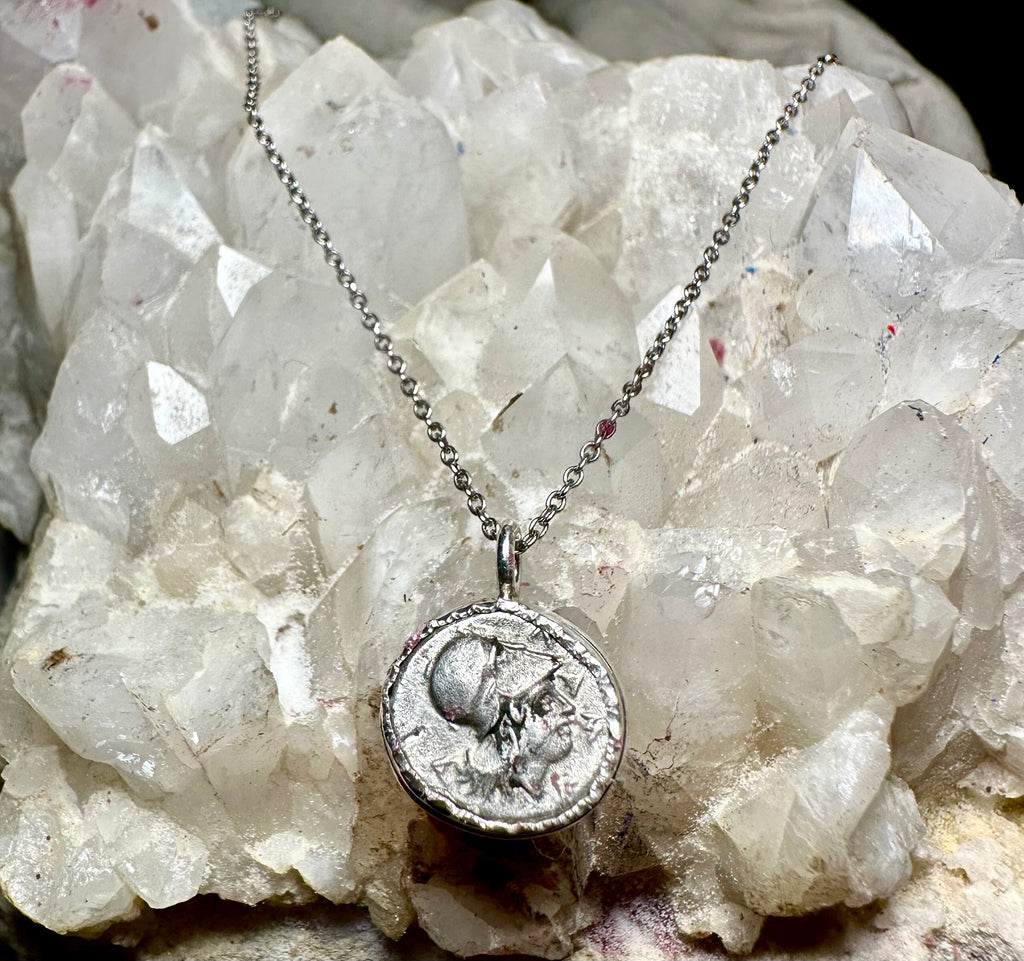 Ancient Greek silver Athena and Janiform coin in sterling silver bezel