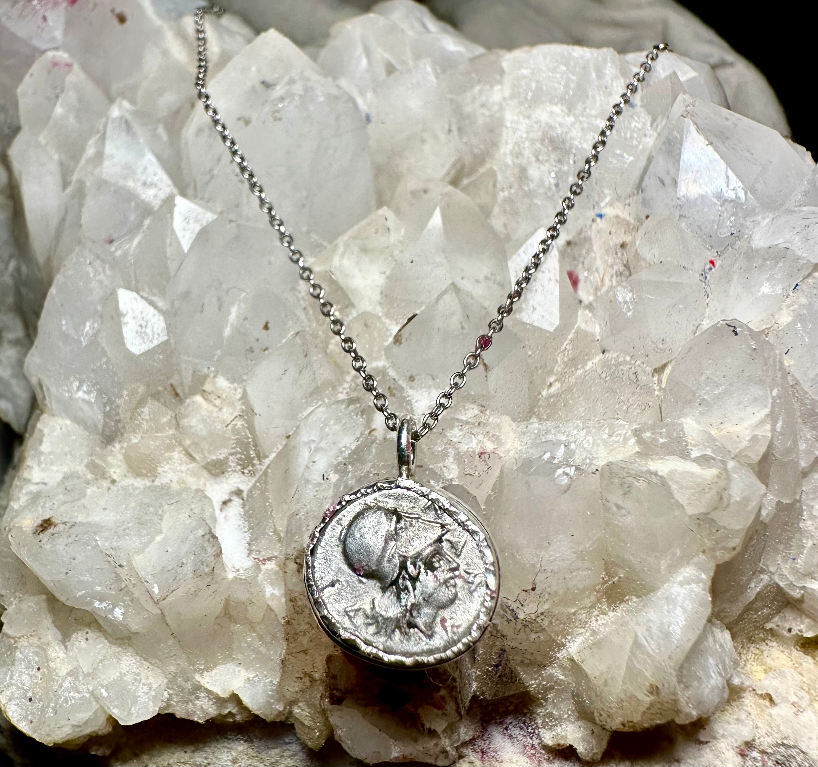 Ancient Greek silver Athena and Janiform coin in sterling silver bezel