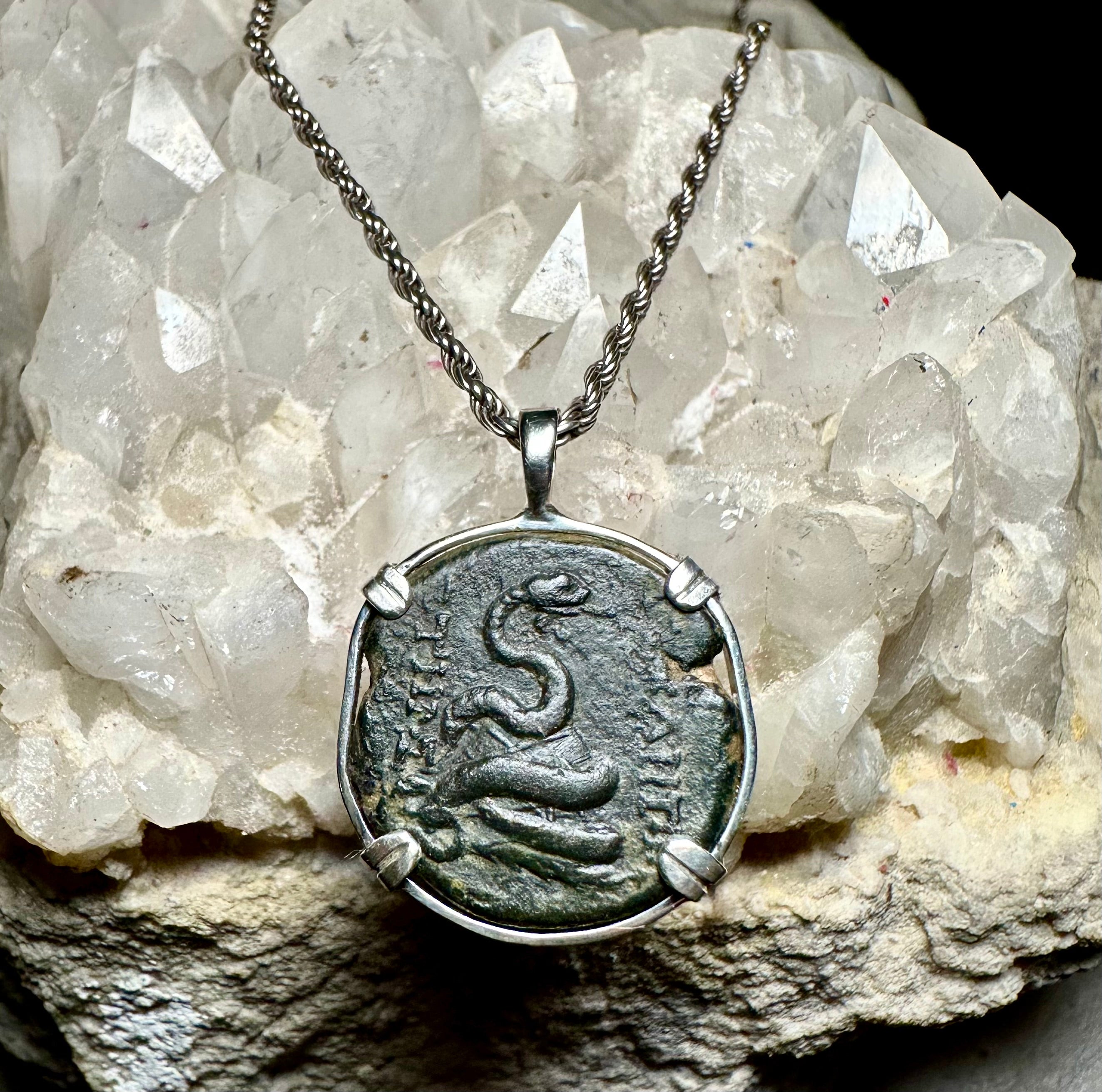 Ancient Greek Zeus and Serpent coin in sterling silver pendant