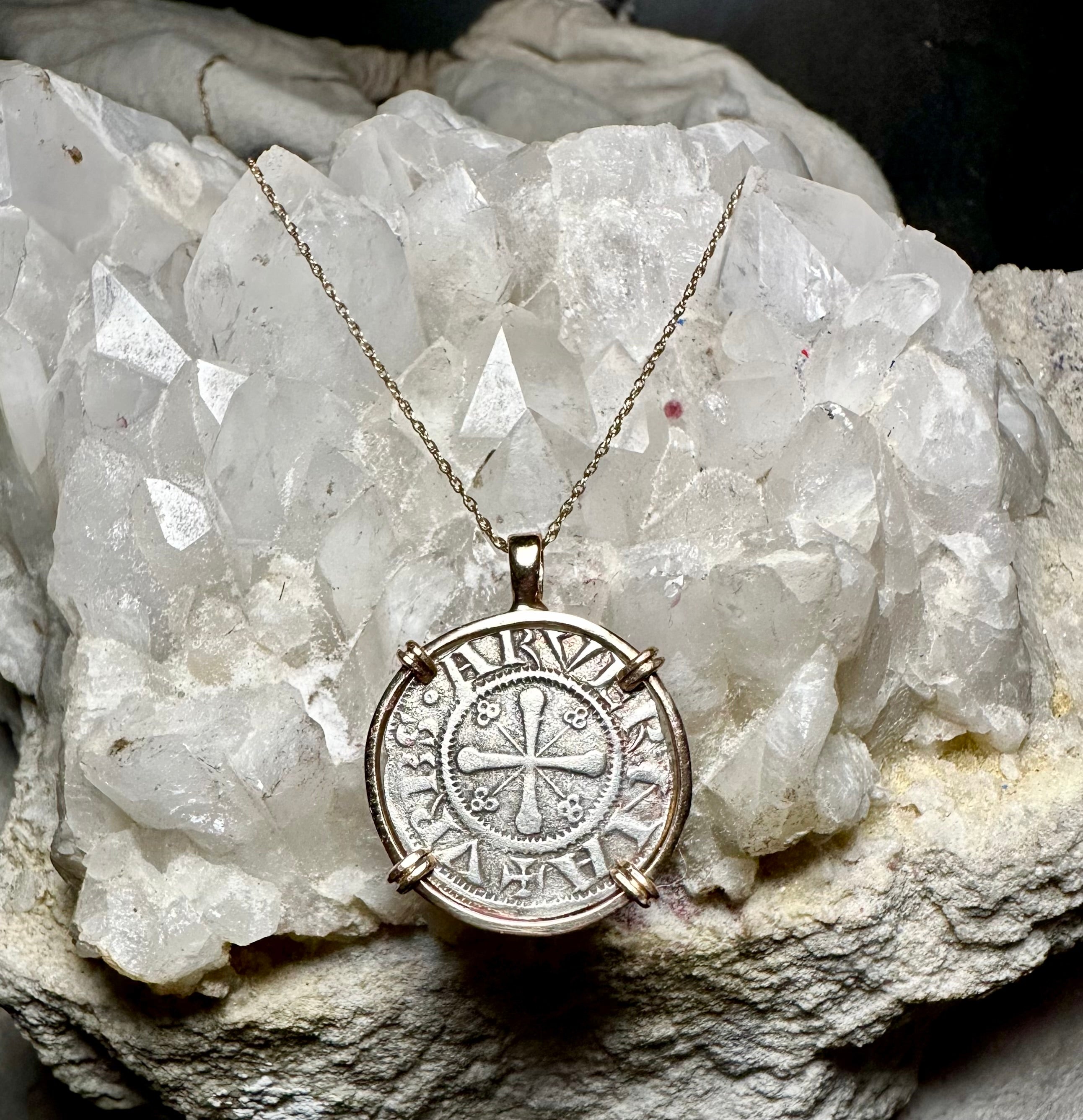 12th Century French Virgin Mary Christian Crusader Coin in 14k yellow gold filled pendant