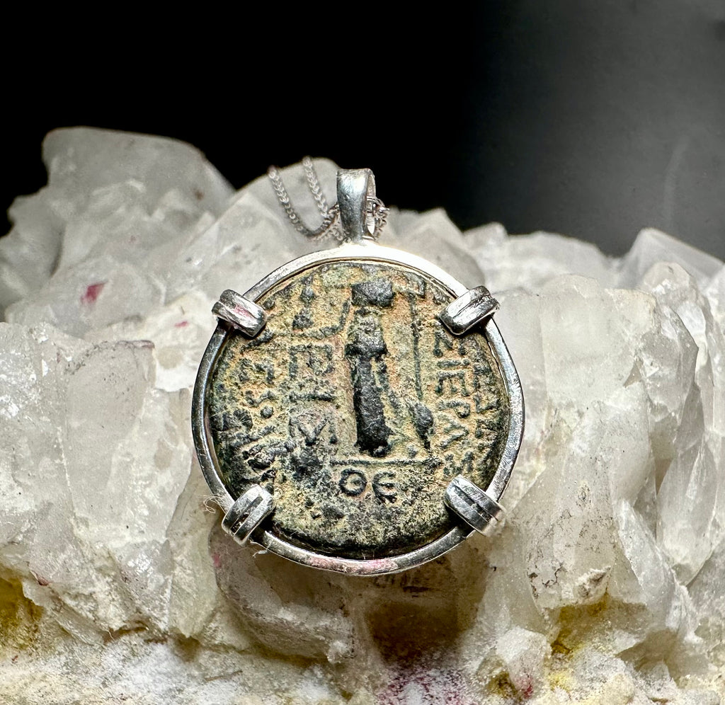 Ancient Greek Tyche (goddess of luck) and Athena coin in sterling silver