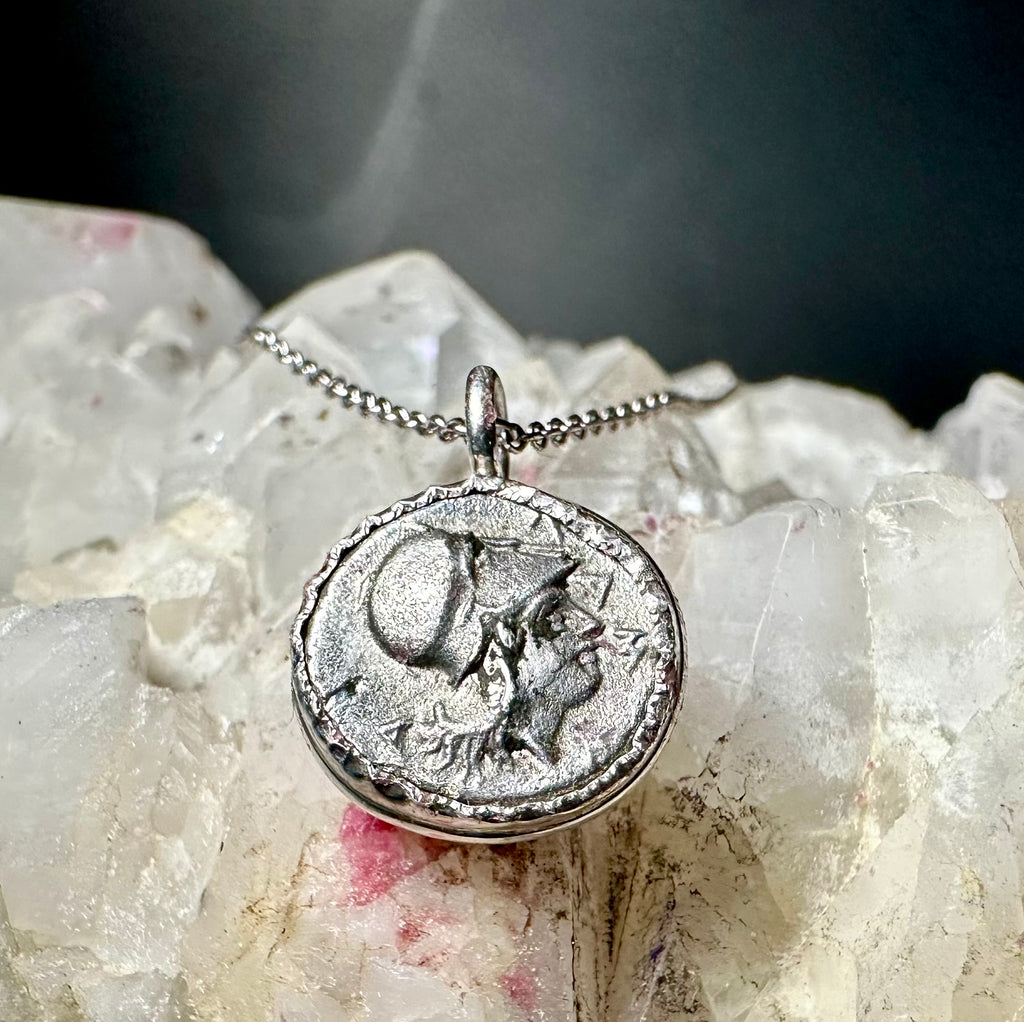 Ancient Greek silver Athena and Janiform coin in sterling silver bezel