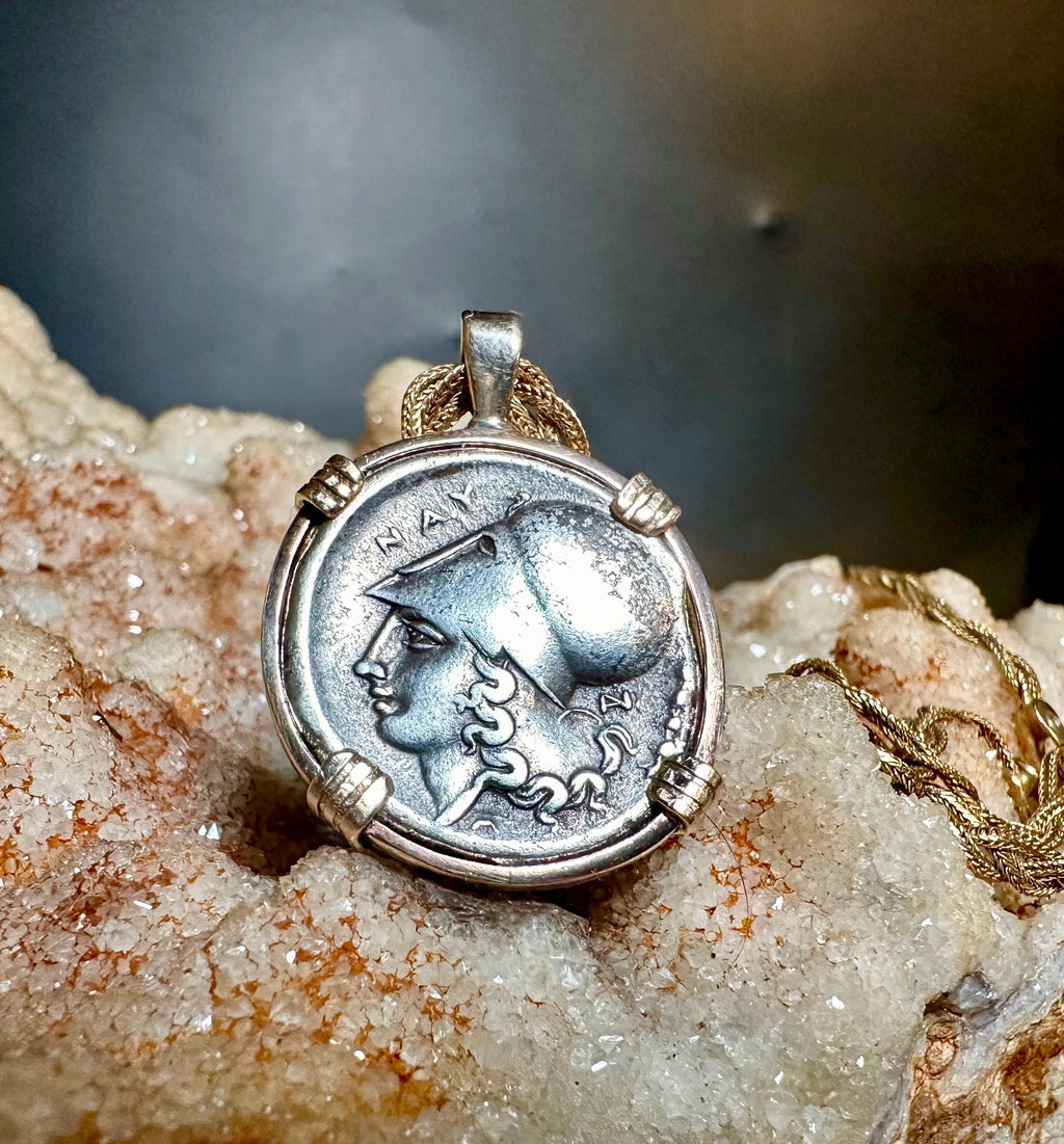 Genuine 350BC Ancient Greek Athena and Pegasus coin in 14k yg filled pendant