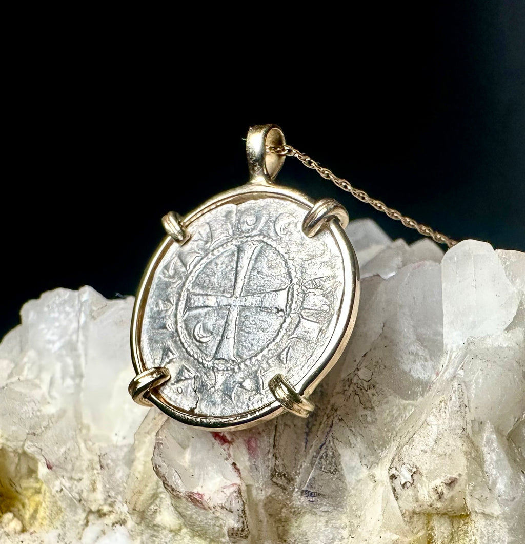 12th century Templar Crusader coin in solid 14k yellow gold pendant