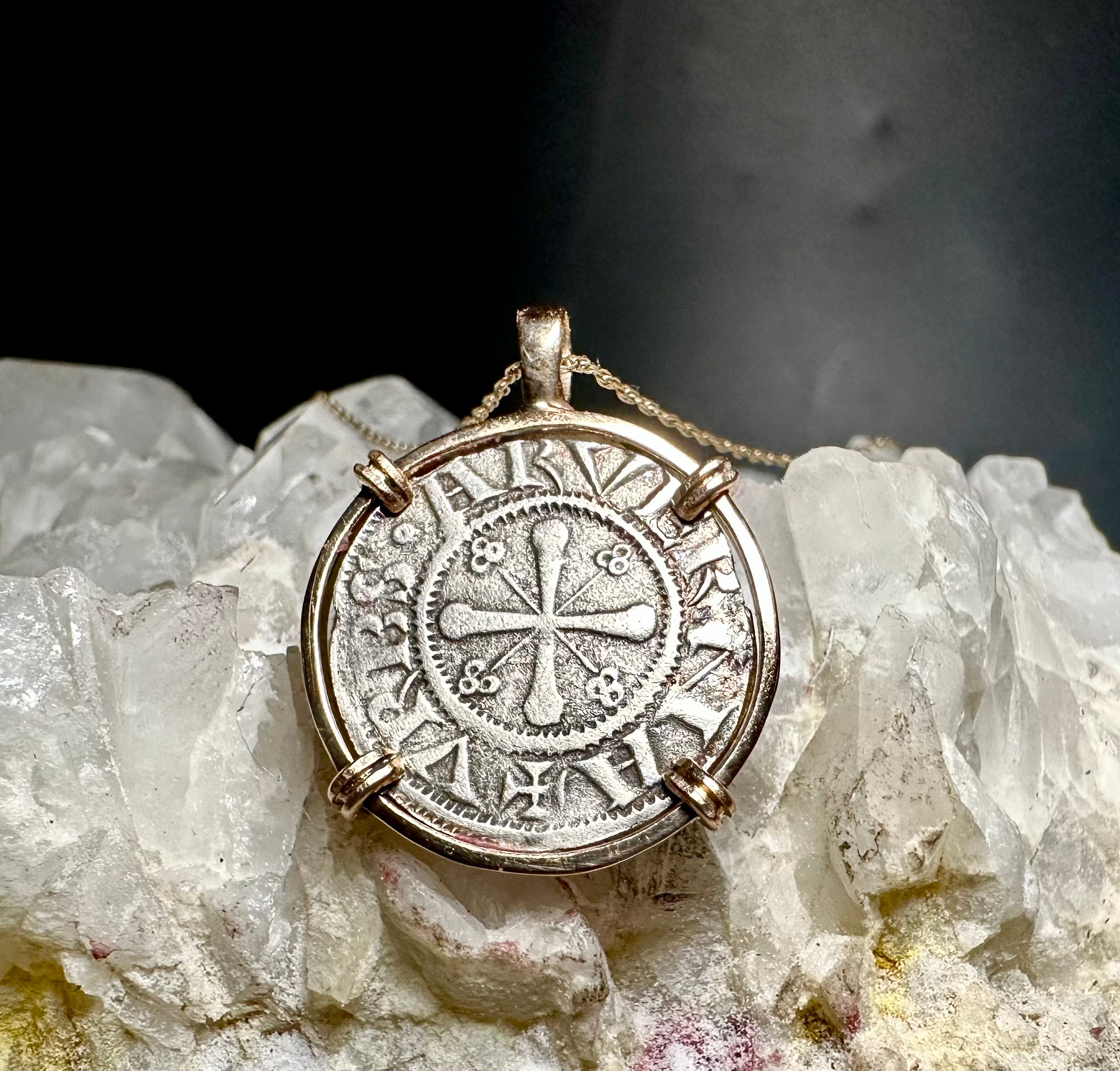 12th Century French Virgin Mary Christian Crusader Coin in 14k yellow gold filled pendant