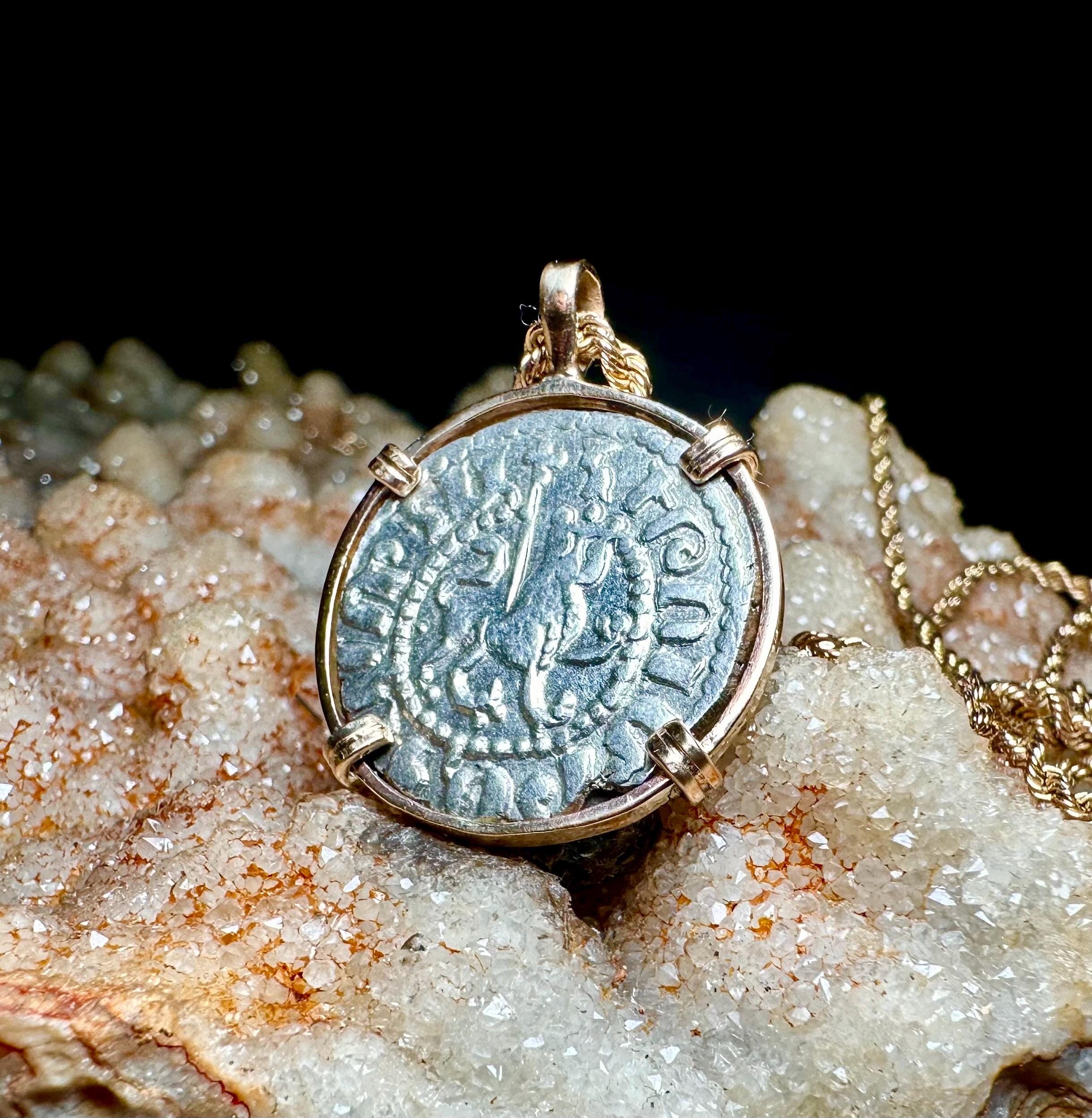Genuine 13th Century Cristian Crusader Cross and Lion coin in 14k yellow gold pendant
