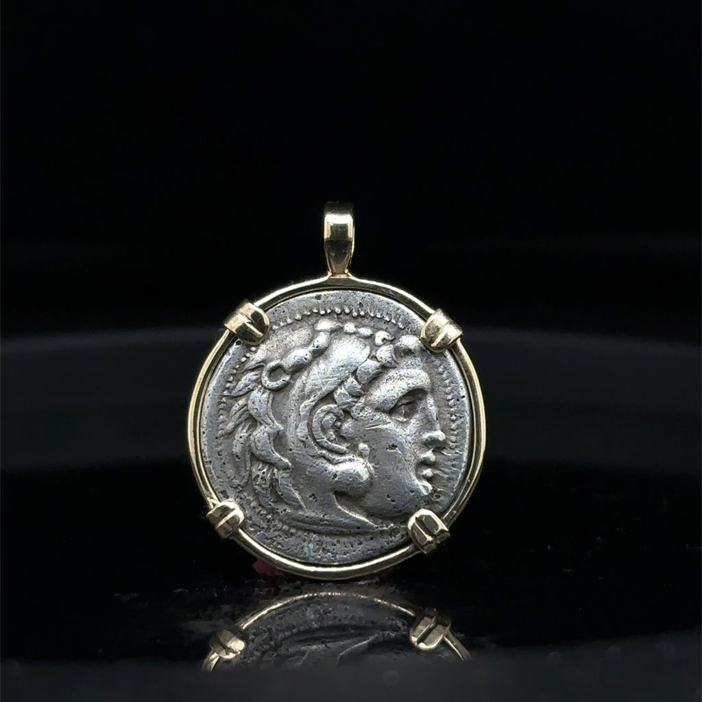 Alexander the Great Silver Drachm in Solid 14k Yellow Gold Pendant