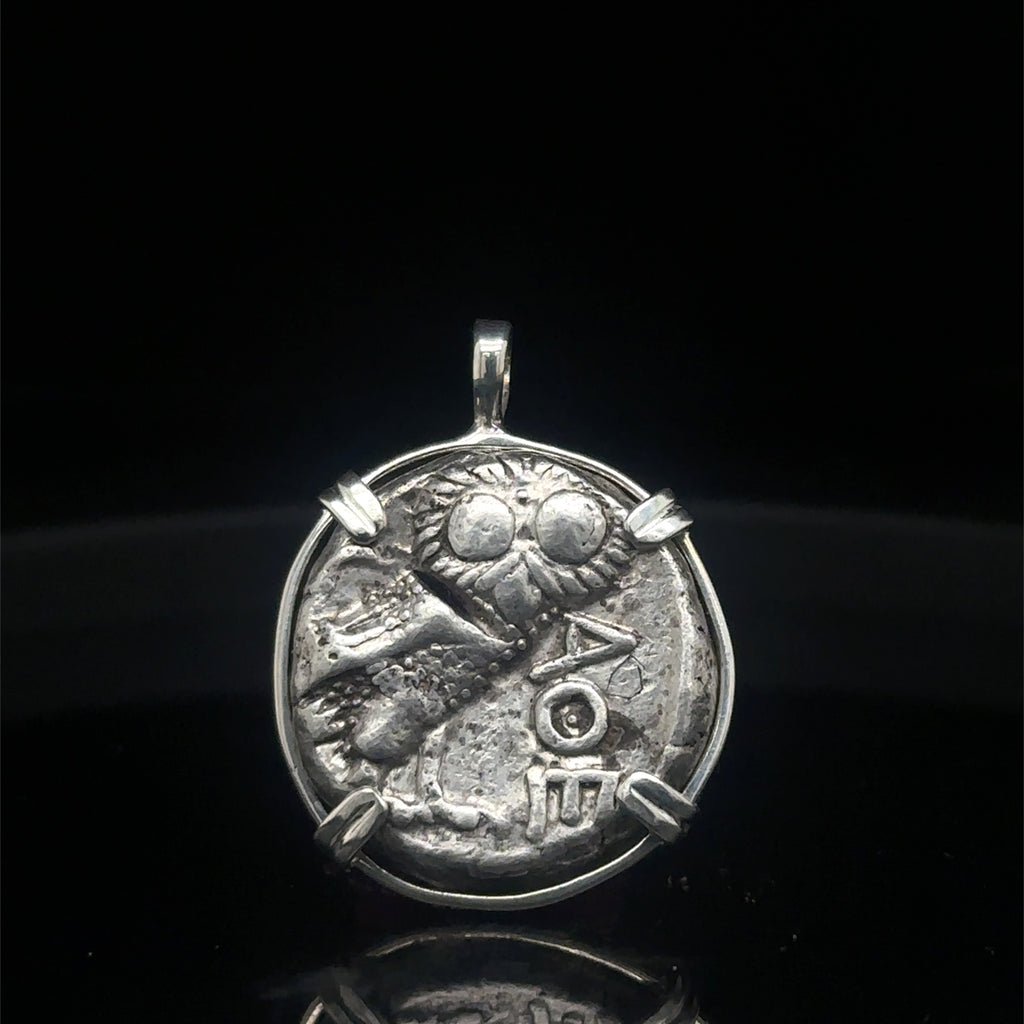 Ancient Athenian Greek Owl and Athena silver tetradrachm in sterling silver pendant