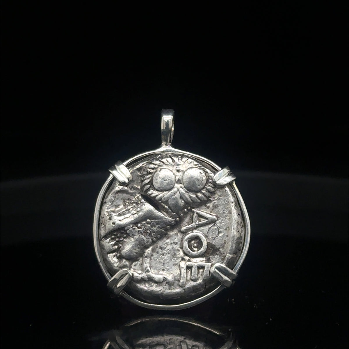 Ancient Athenian Greek Owl and Athena silver tetradrachm in sterling silver pendant