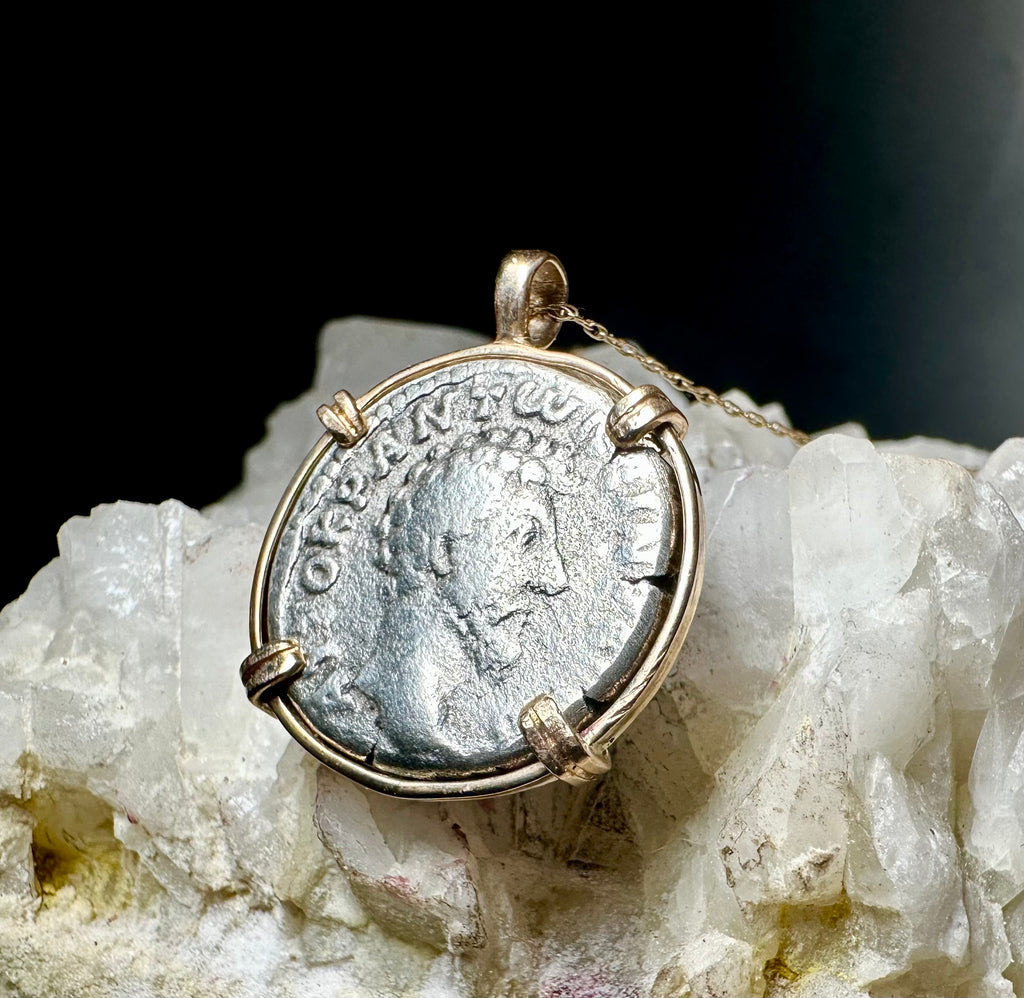 Marcus Aurelius silver Didrachm in 14k yellow gold filled pendant