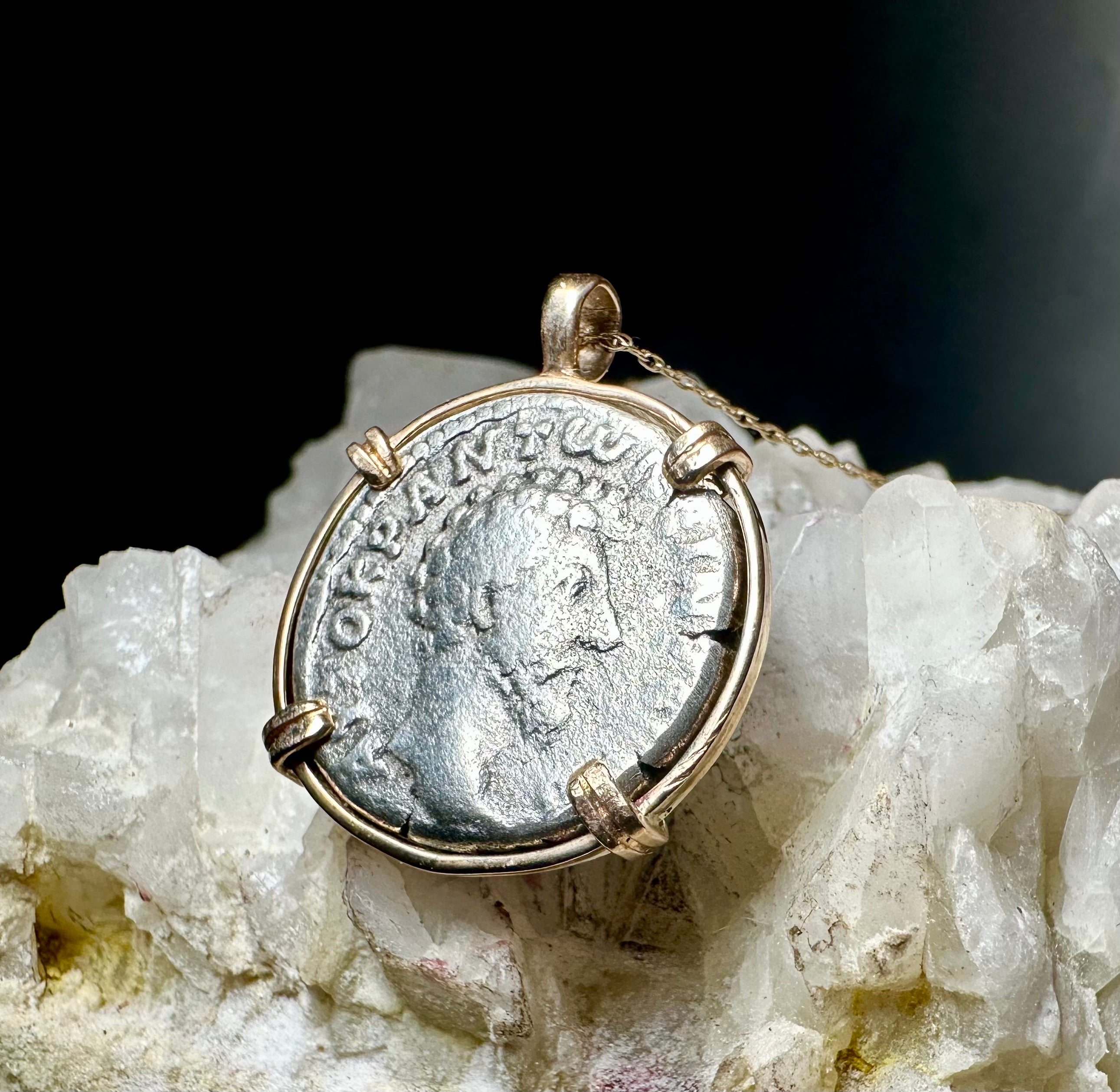 Marcus Aurelius silver Didrachm in 14k yellow gold filled pendant