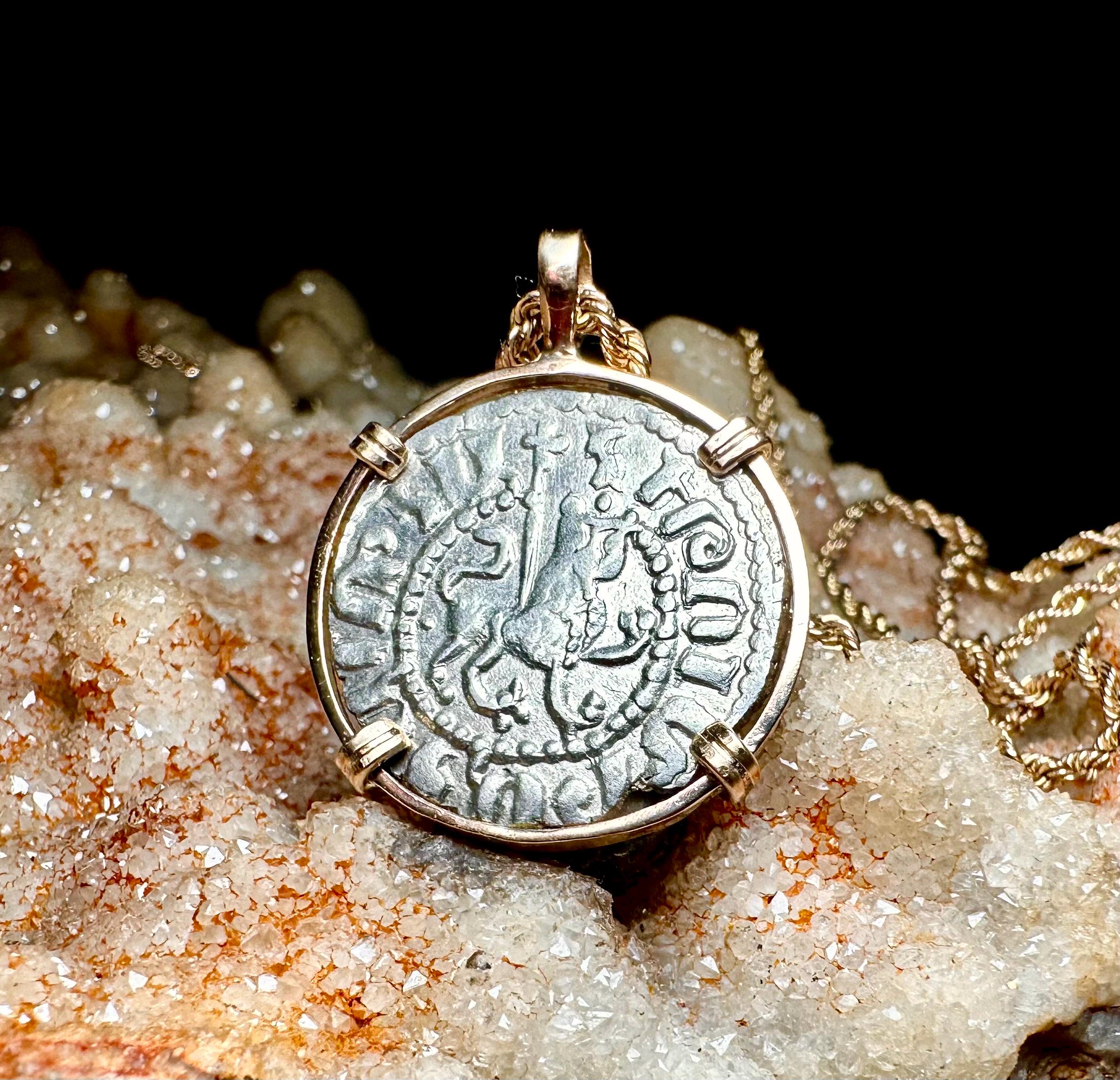 Genuine 13th Century Cristian Crusader Cross and Lion coin in 14k yellow gold pendant