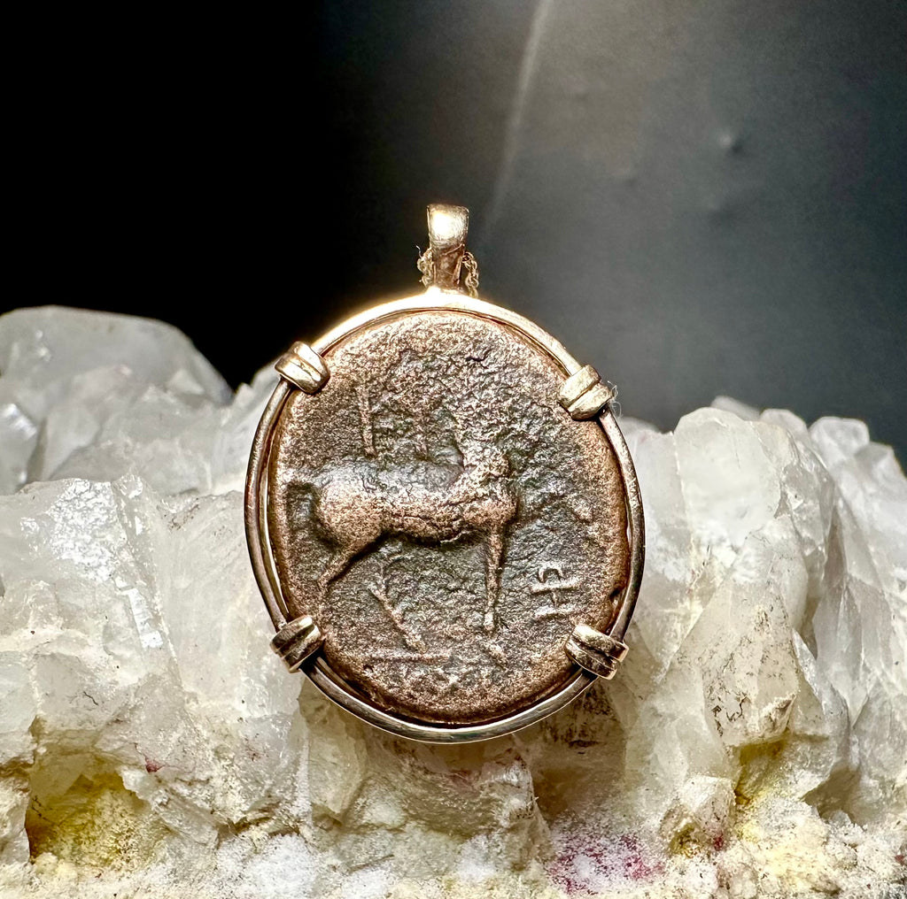 Ancient Greek Amazonian warrior and Horse coin in 14k yellow gold filled pendant