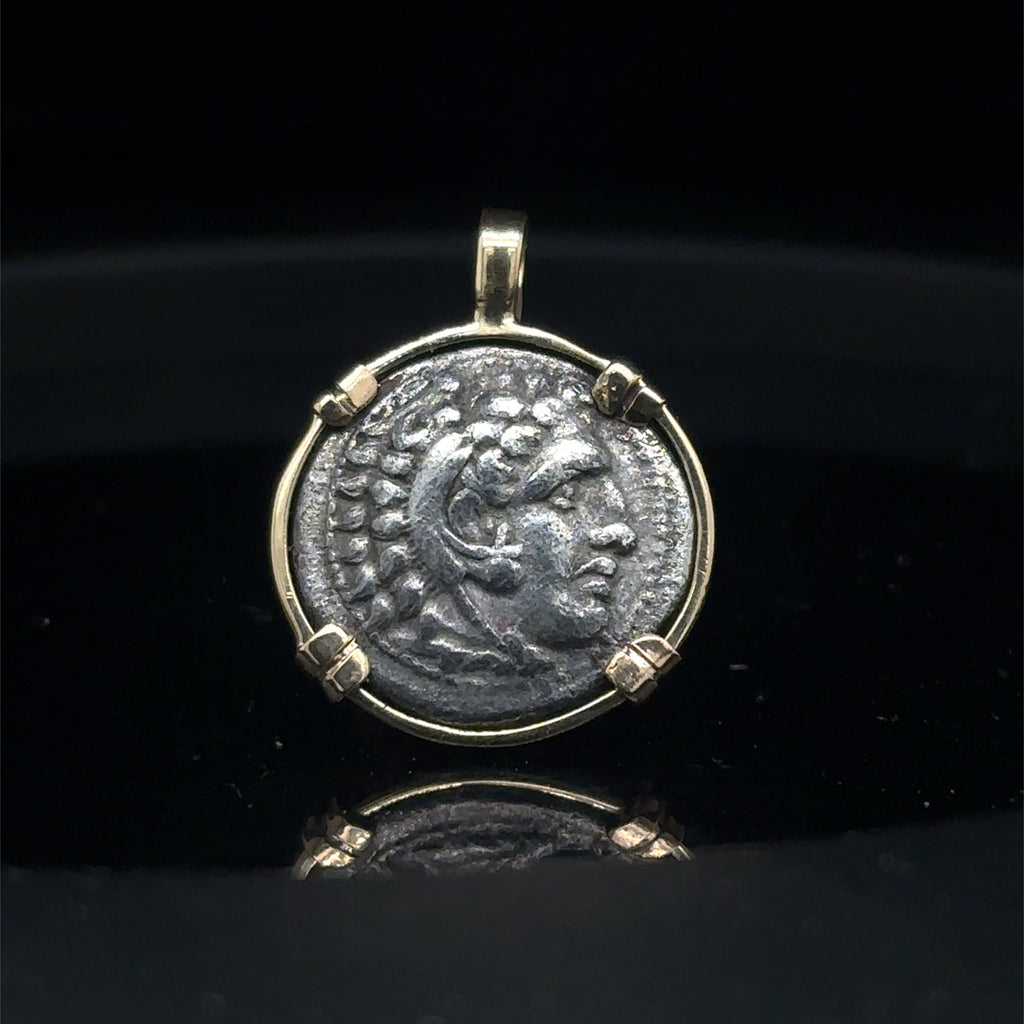 Alexander the Great silver Drachm in solid 14k Yellow Gold Pendant