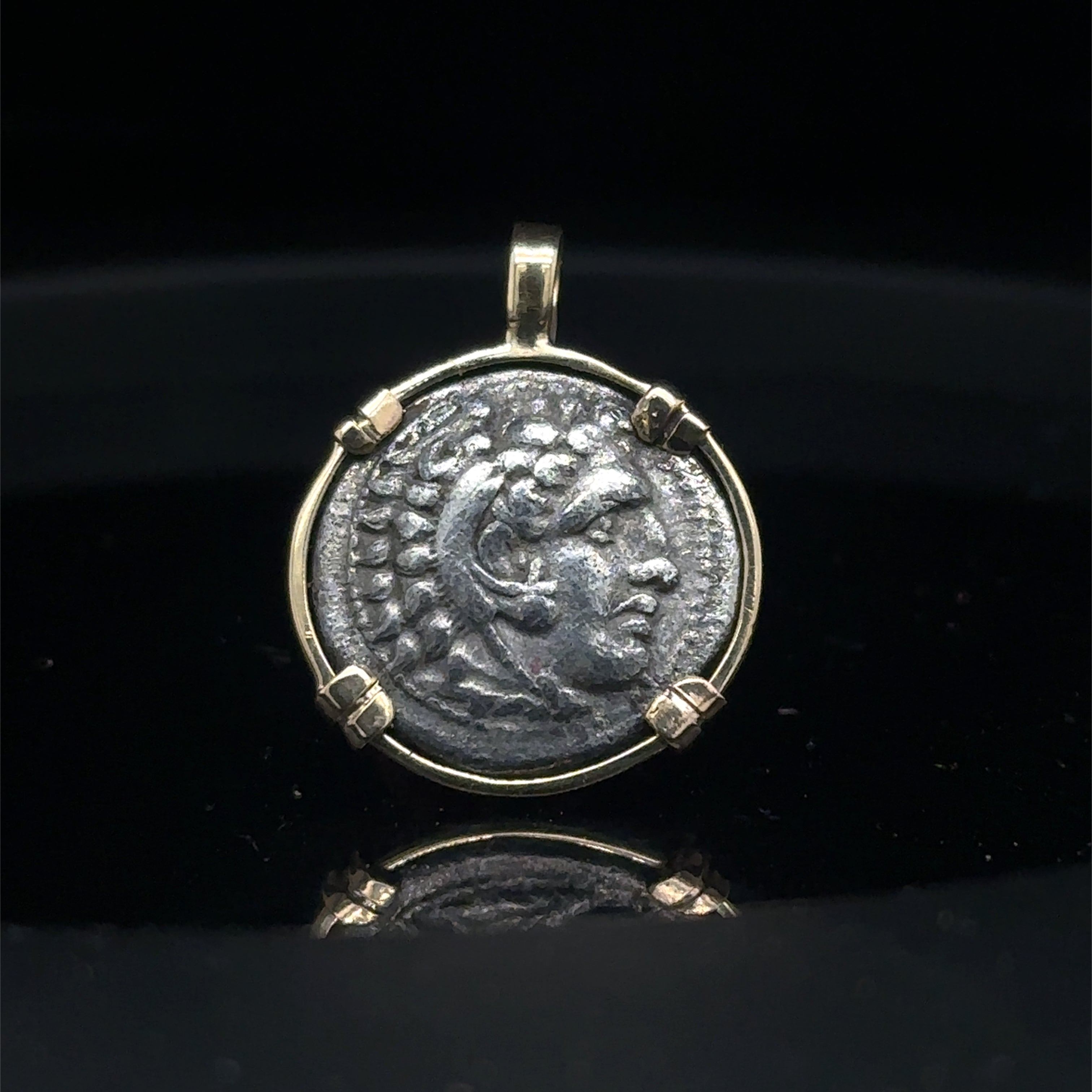 Alexander the Great silver Drachm in solid 14k Yellow Gold Pendant