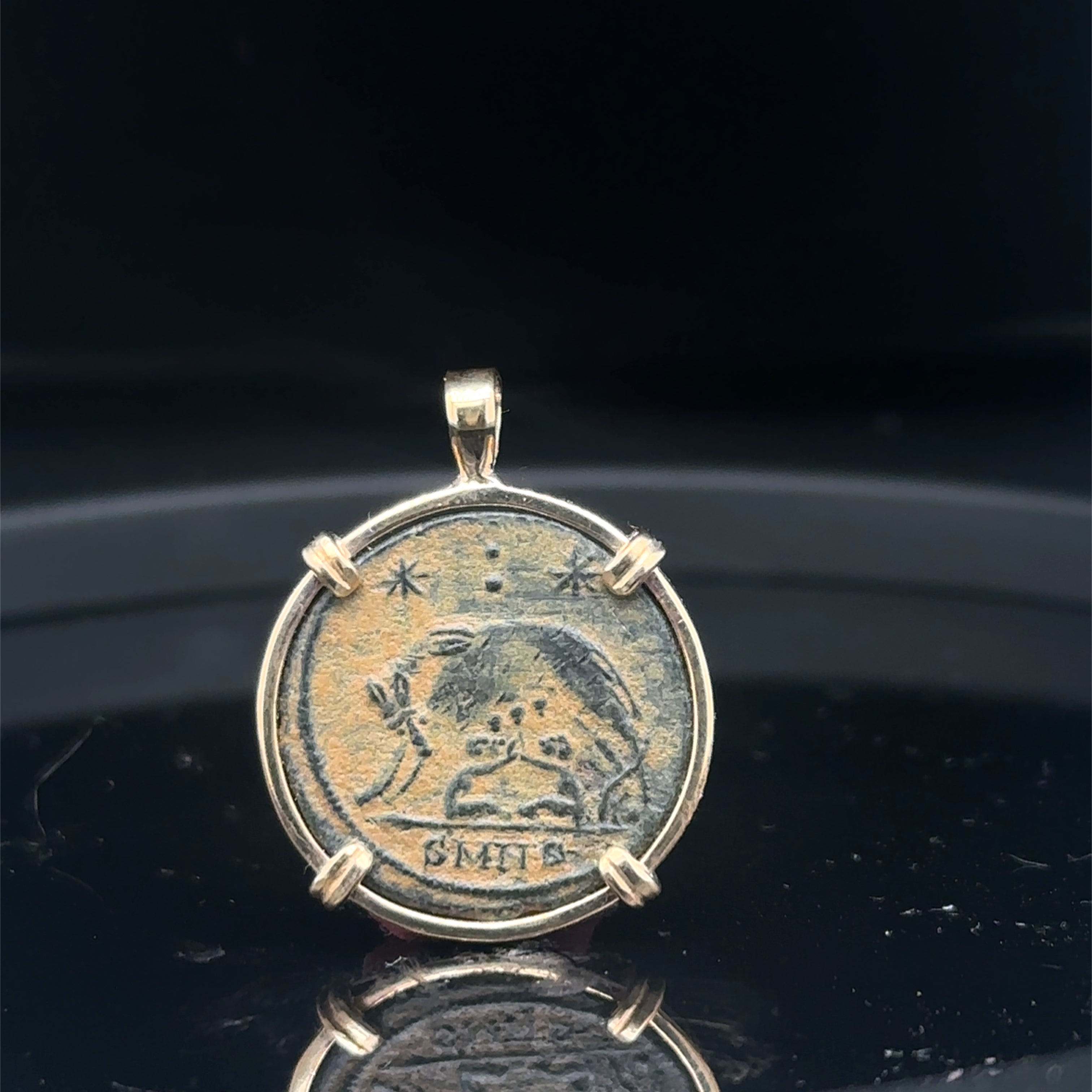 Ancient Roman She Wolf coin in 14k yellow gold filled pendant