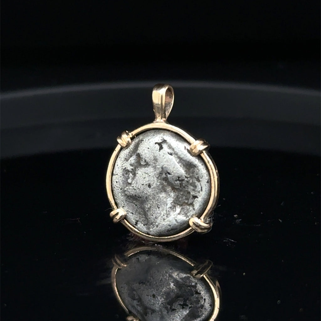 Ancient Greek Hera and Owl silver Drachm in 14k yellow gold filled pendant