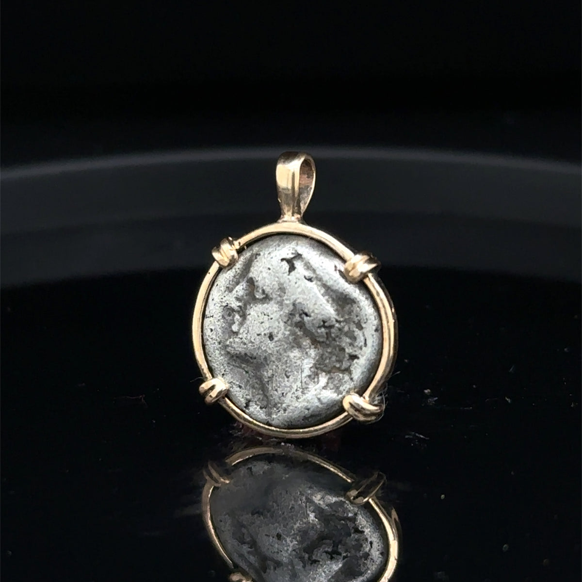 Ancient Greek Hera and Owl silver Drachm in 14k yellow gold filled pendant