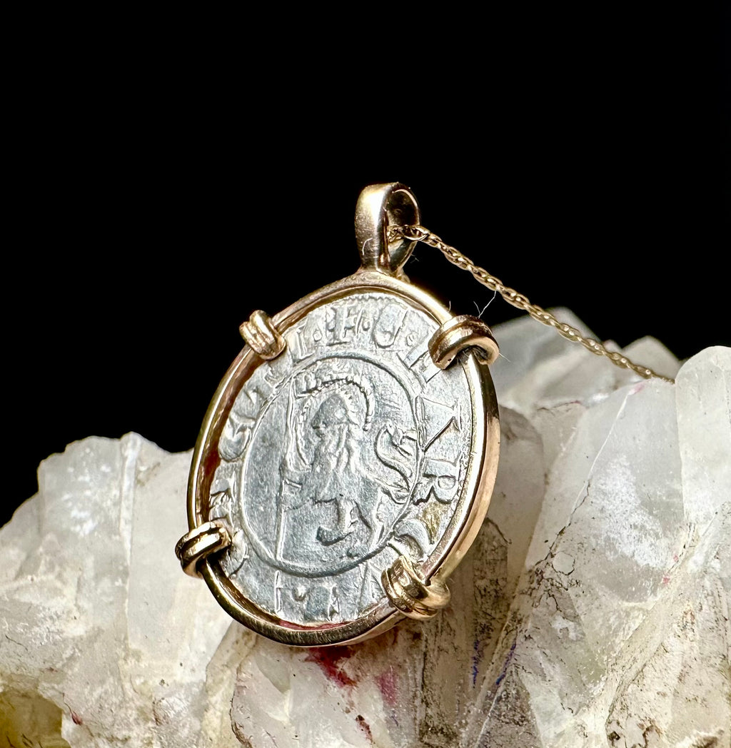 14th Century Italian Christian Lion of St Mark coin in 14k yellow gold filled pendant