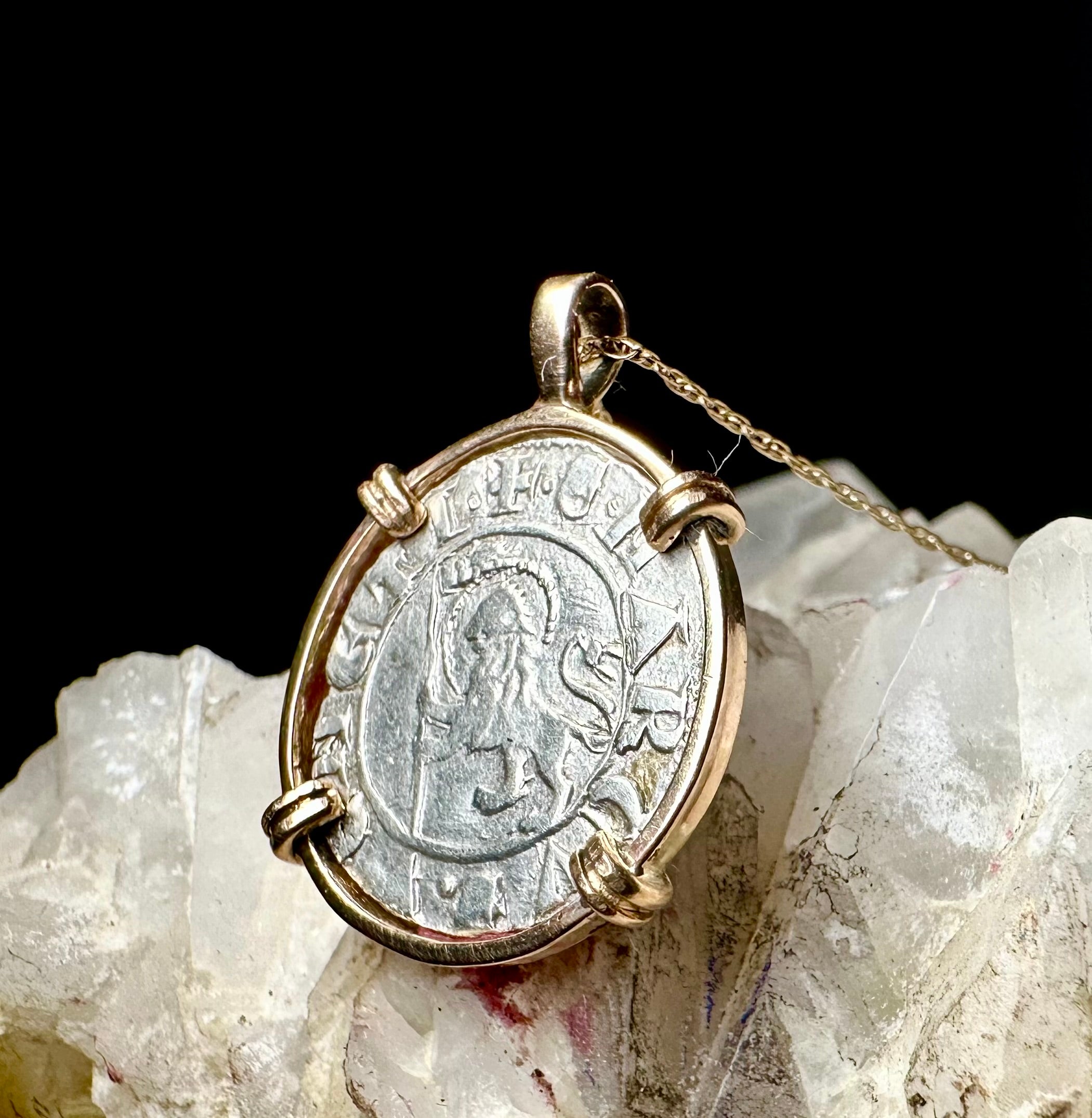 14th Century Italian Christian Lion of St Mark coin in 14k yellow gold filled pendant