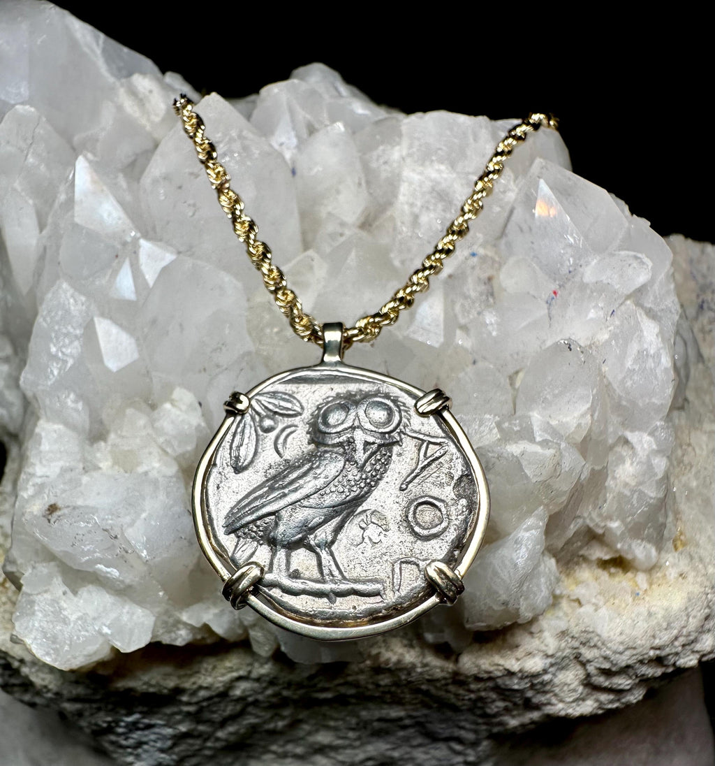 Genuine Ancient Greek Athena and Owl coin in hand made solid gold pendant