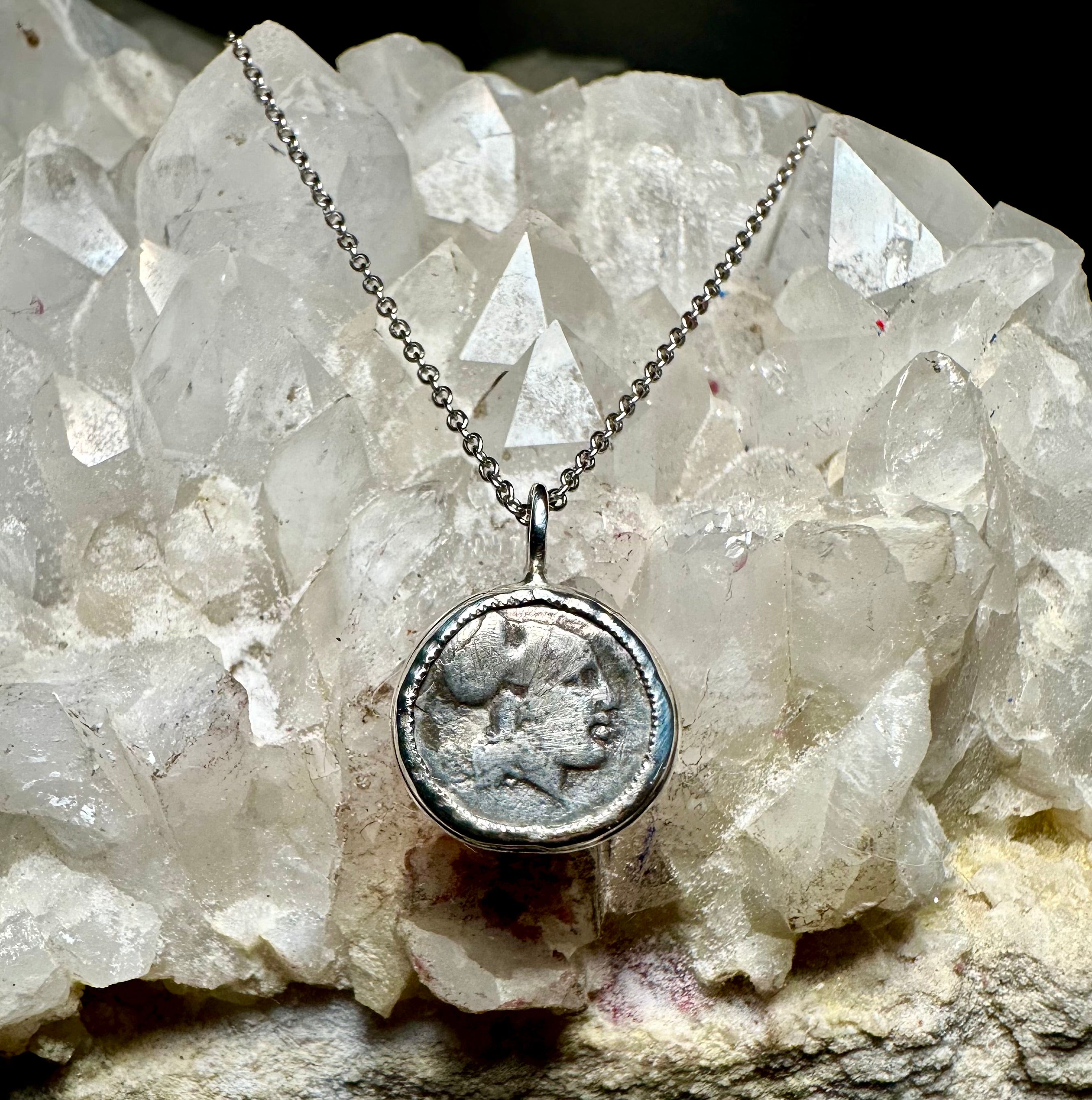 Ancient Greek silver coin of Athena in sterling silver pendant