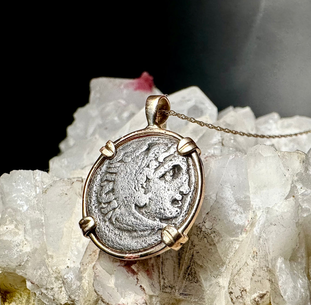 Ancient Greek Alexander The Great silver Drachm in 14k yellow gold filled pendant