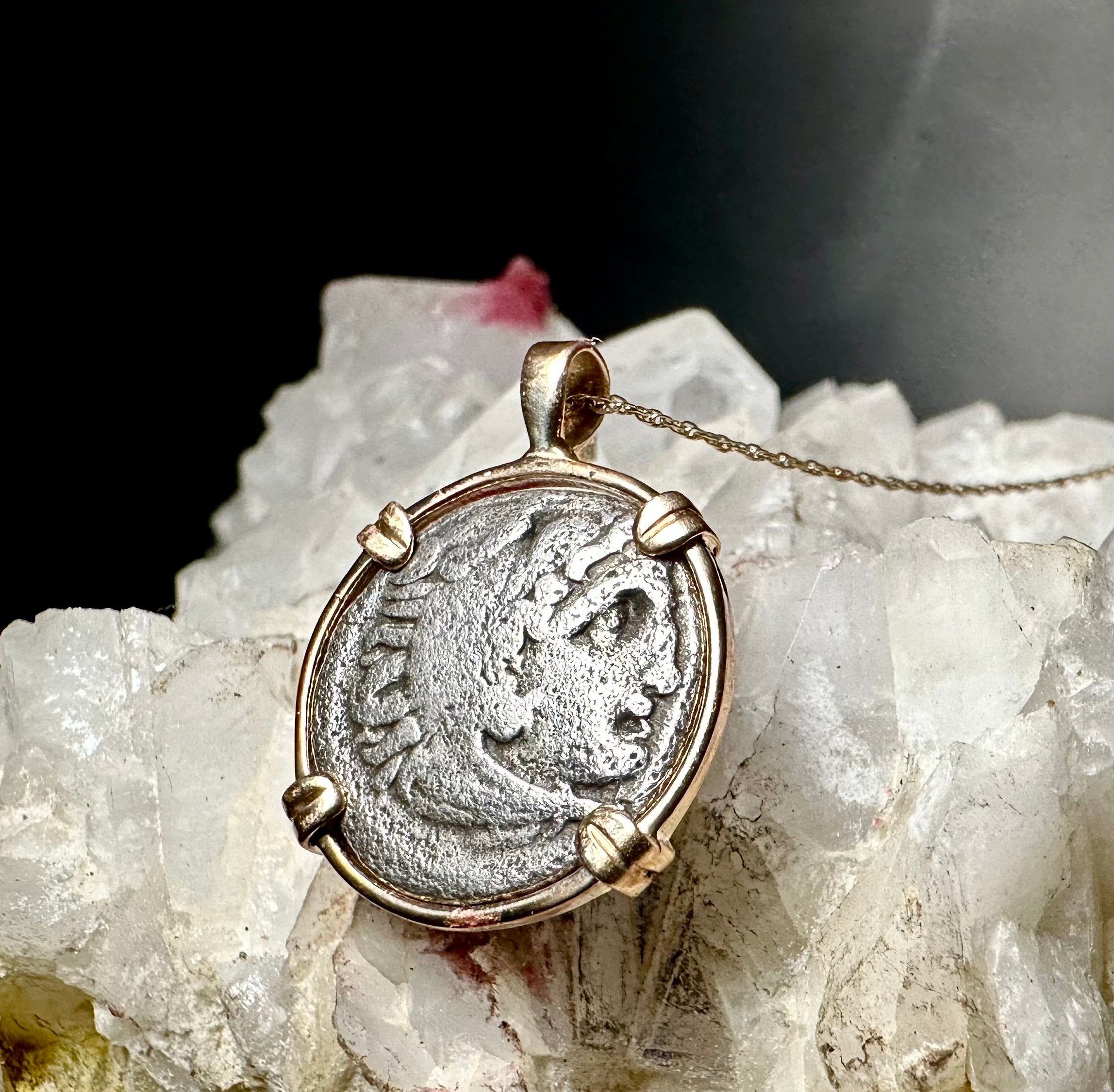 Ancient Greek Alexander The Great silver Drachm in 14k yellow gold filled pendant