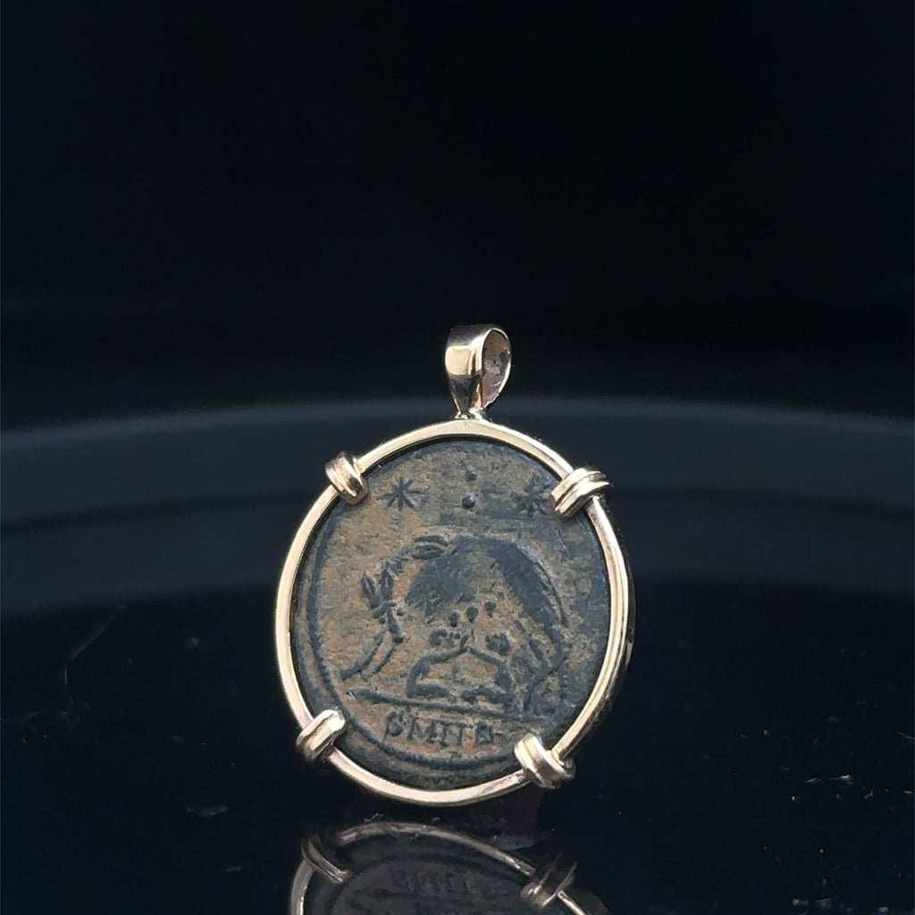 Ancient Roman She Wolf coin in 14k yellow gold filled pendant