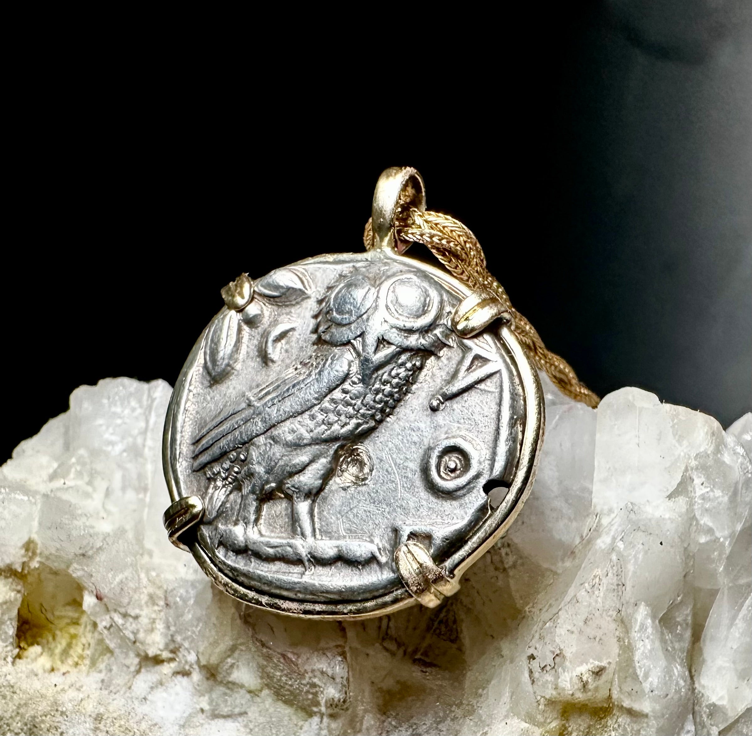 Ancient Greek Athena and Owl silver Tetradrachm in solid 14k yellow gold pendant