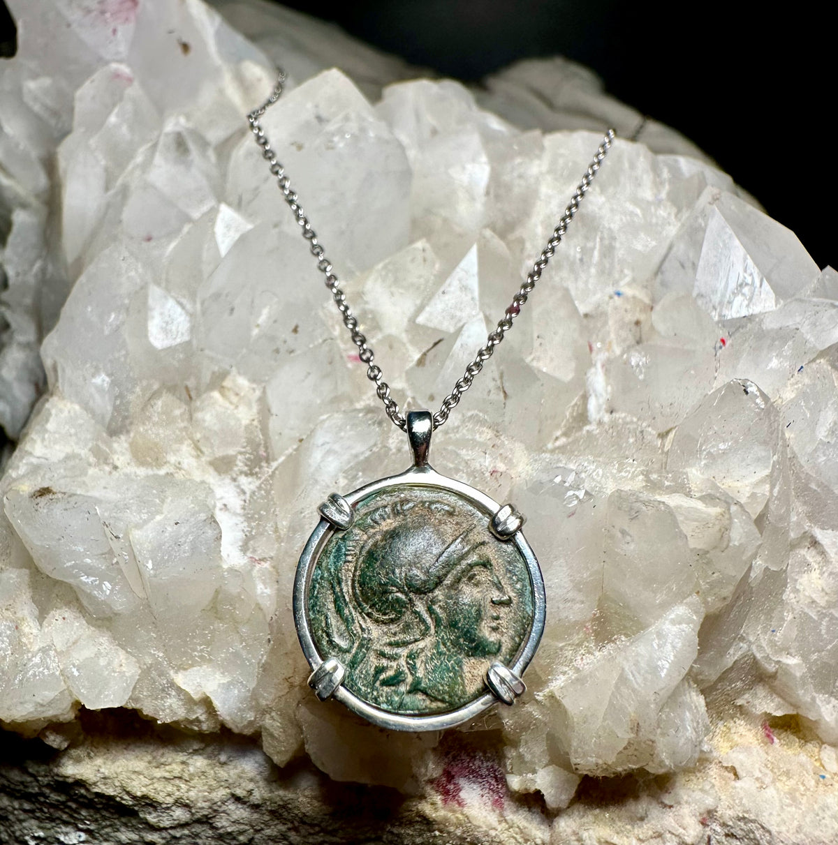 Ancient Greek Athena and Lion coin in sterling silver pendant