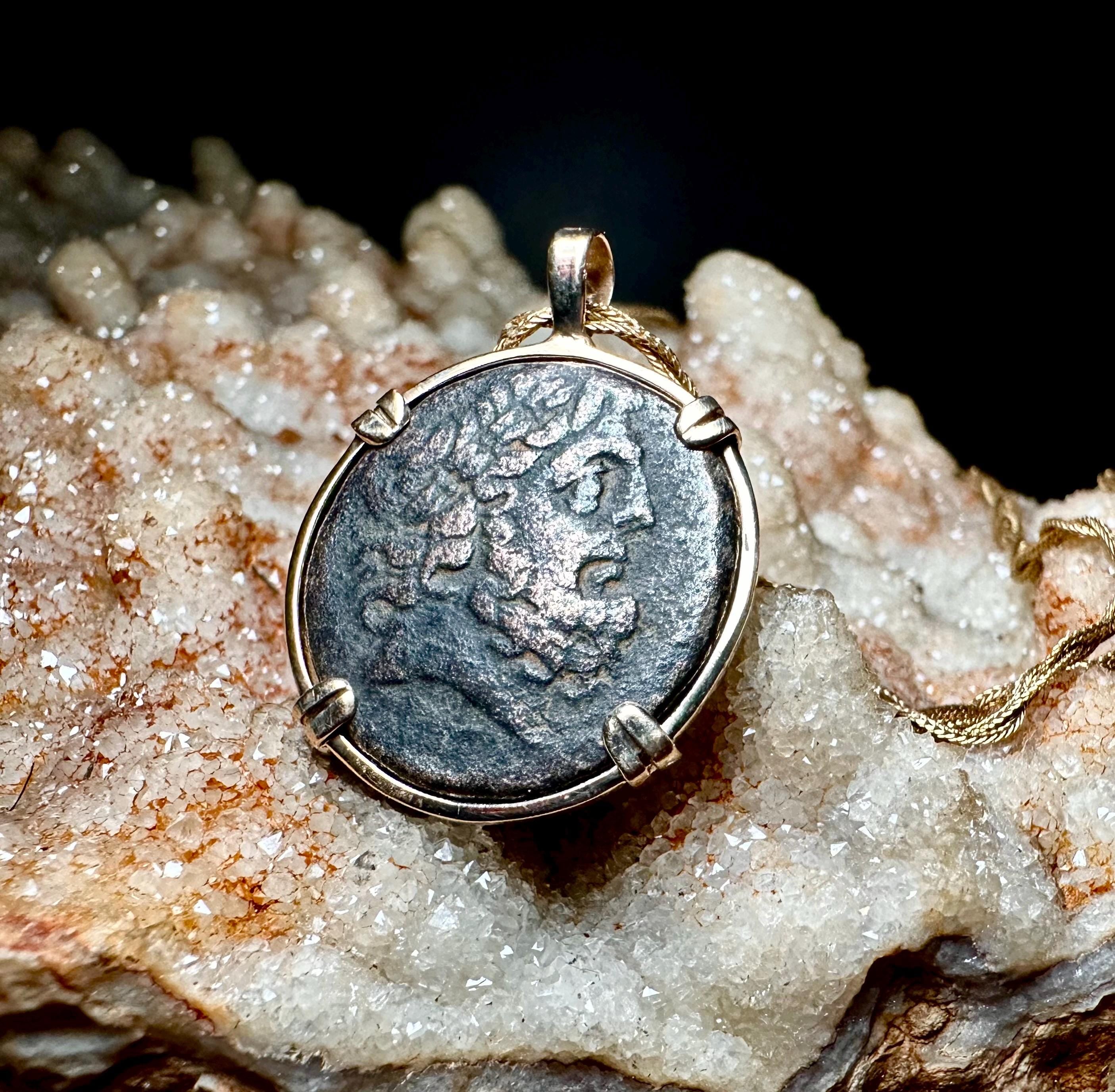 Genuine Ancient Greek Zeus and Elephant coin in 14k yellow gold filled pendant