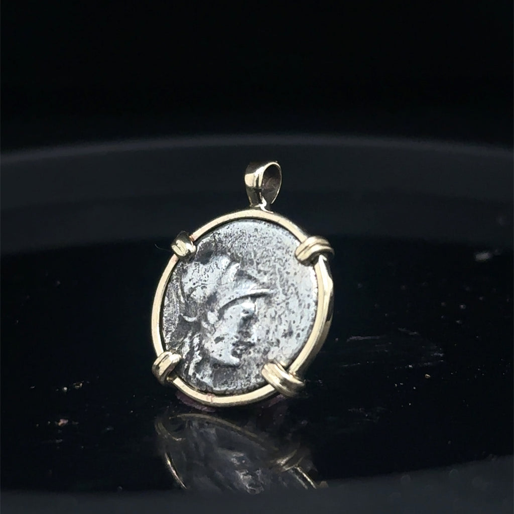Ancient Greek Athena and Hercules silver coin in solid 14k yellow gold pendant