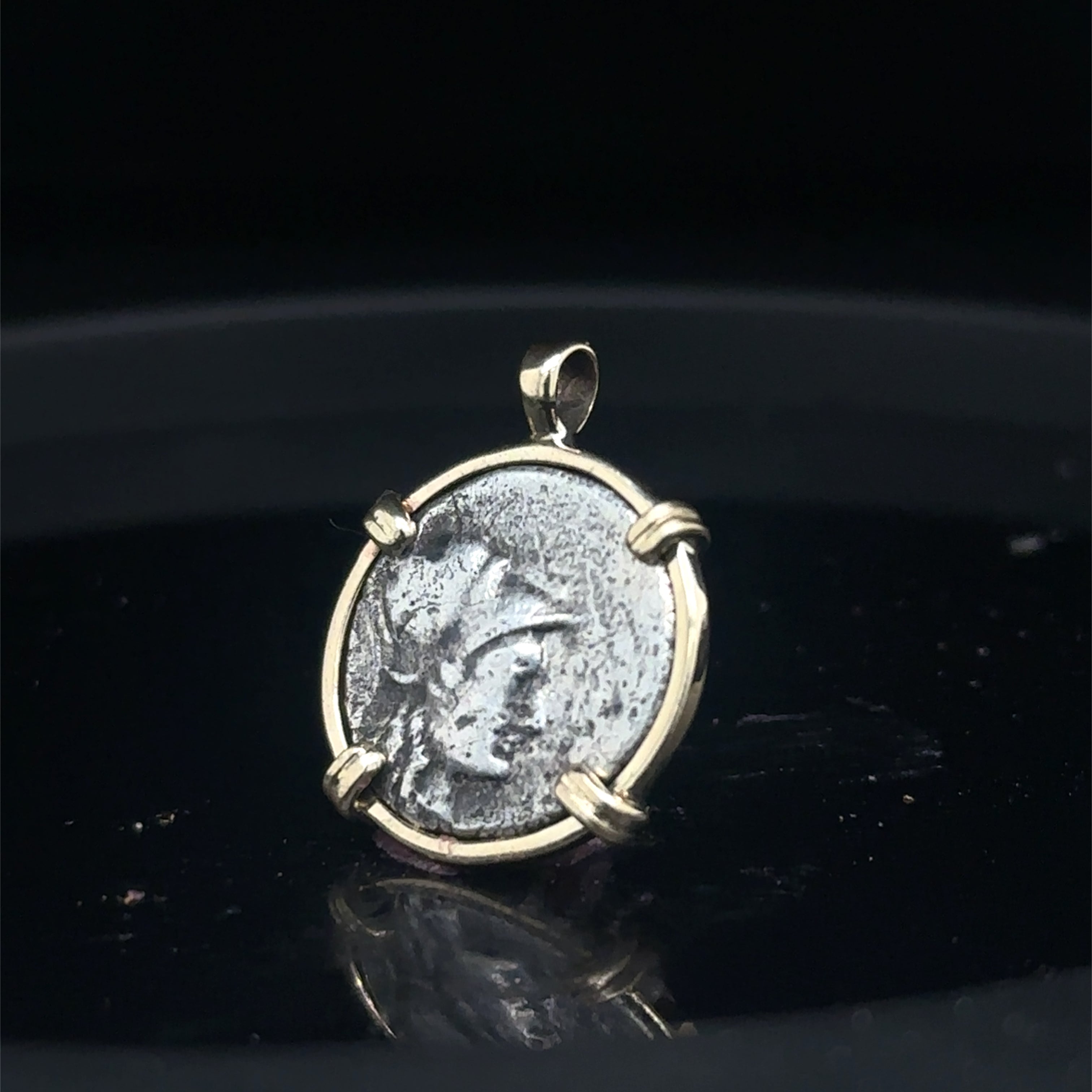 Ancient Greek Athena and Hercules silver coin in solid 14k yellow gold pendant