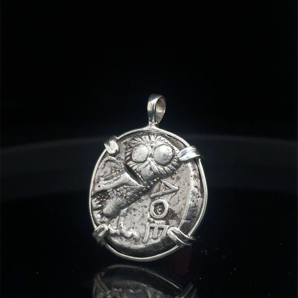 Ancient Athenian Greek Owl and Athena silver tetradrachm in sterling silver pendant