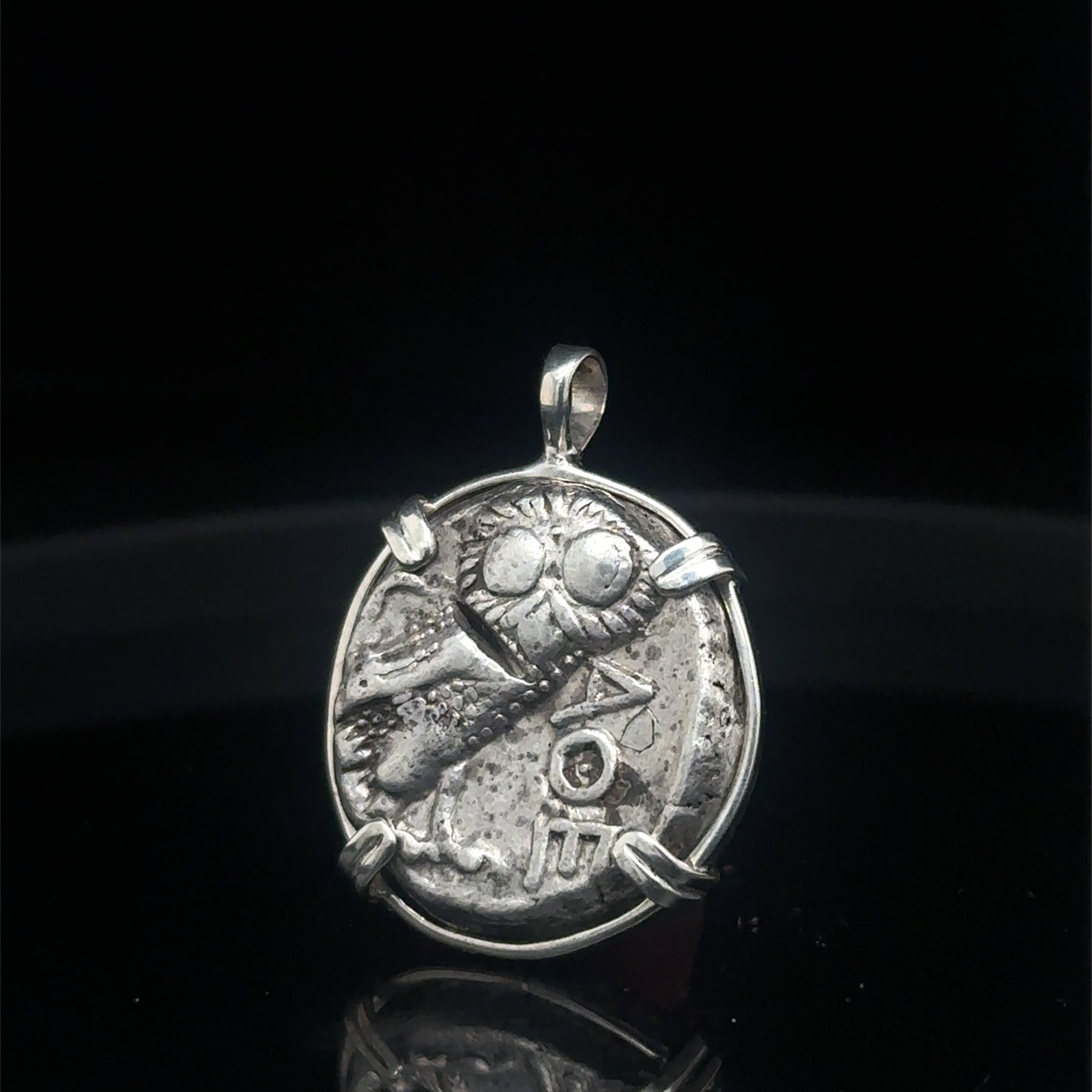 Ancient Athenian Greek Owl and Athena silver tetradrachm in sterling silver pendant