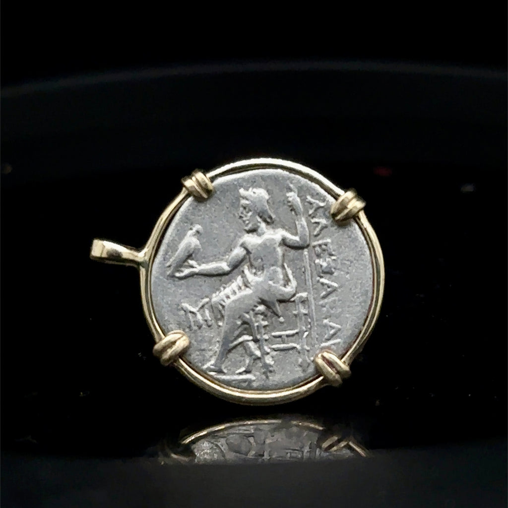 Alexander the Great silver Drachm in solid 14k yellow gold pendant