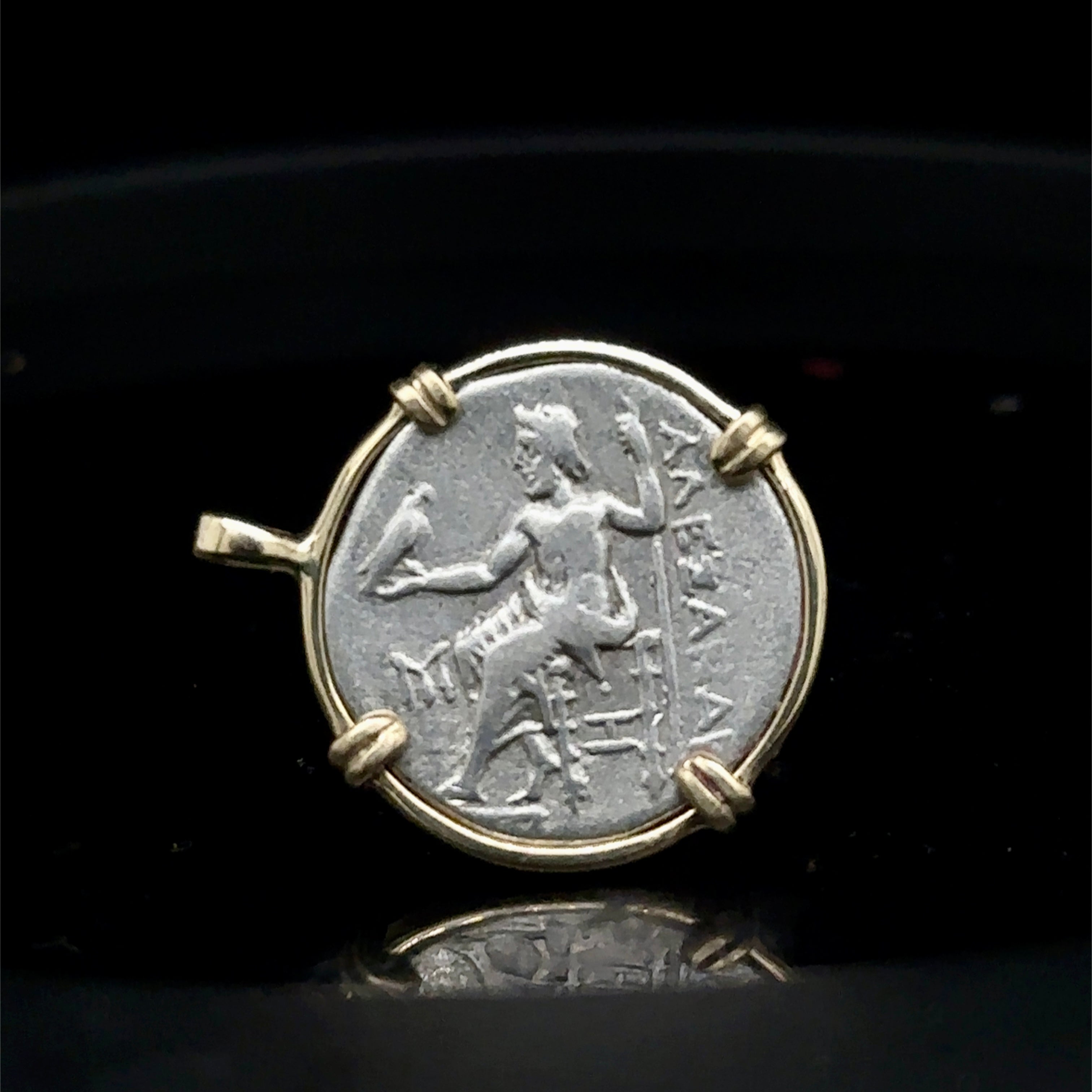 Alexander the Great silver Drachm in solid 14k yellow gold pendant