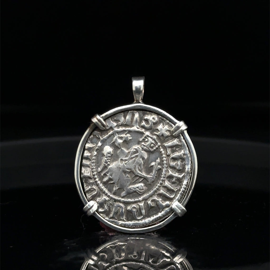 Medieval Christian Lion and Cross coin with “By the Will of God” inscription in sterling silver pendant