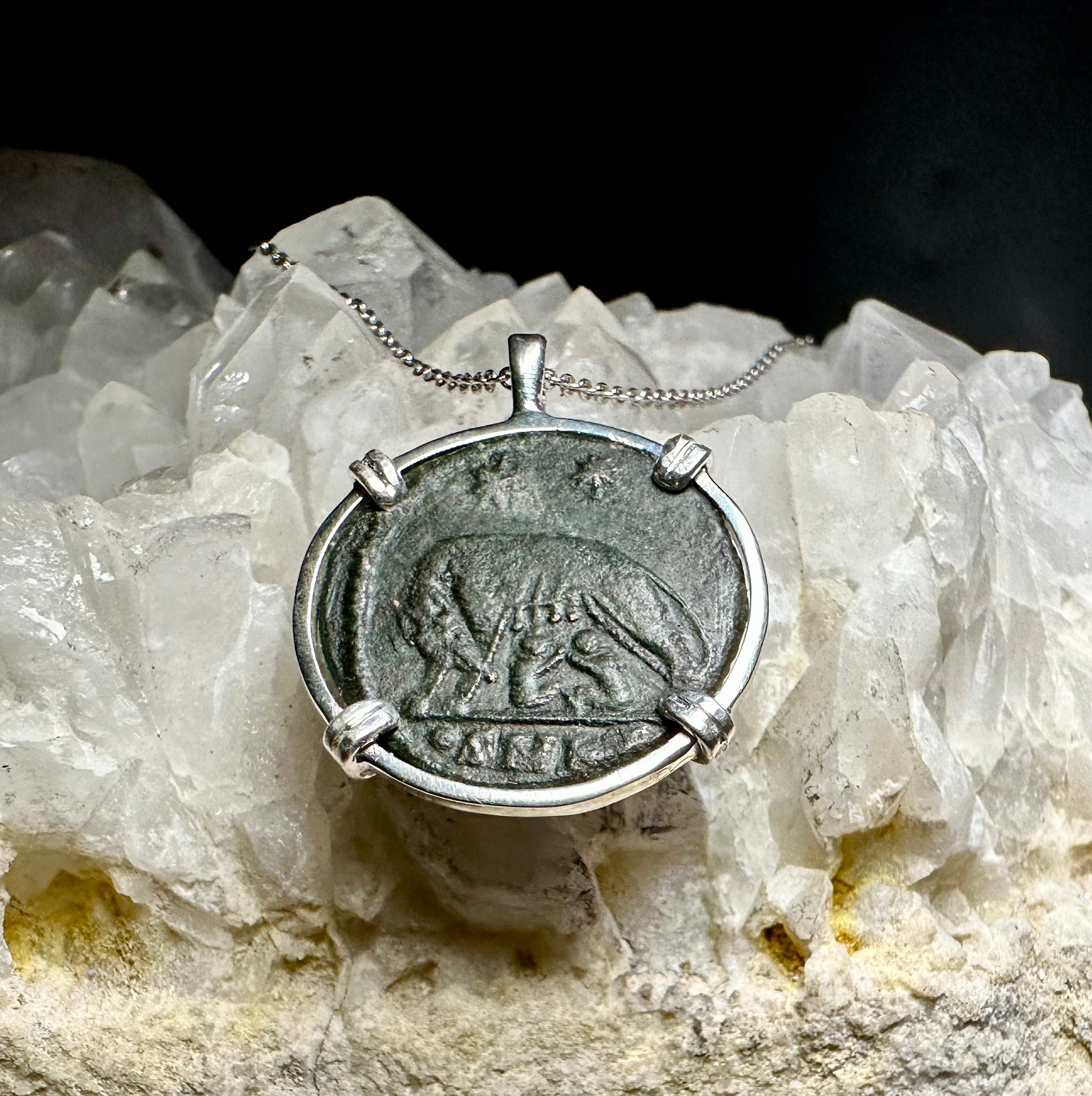 Genuine Ancient Roman She-Wolf Coin in Sterling Silver Pendant